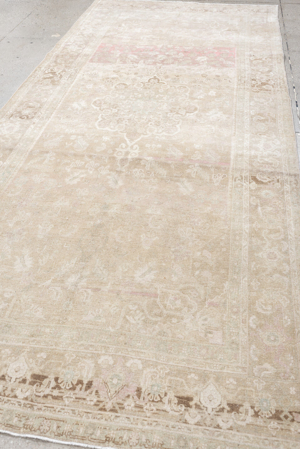 4' x 11' one-of-a-kind handmade vintage Bidjar runner rug. Color palette: ivory, taupe, blush, beige, pale sage, sand, camel