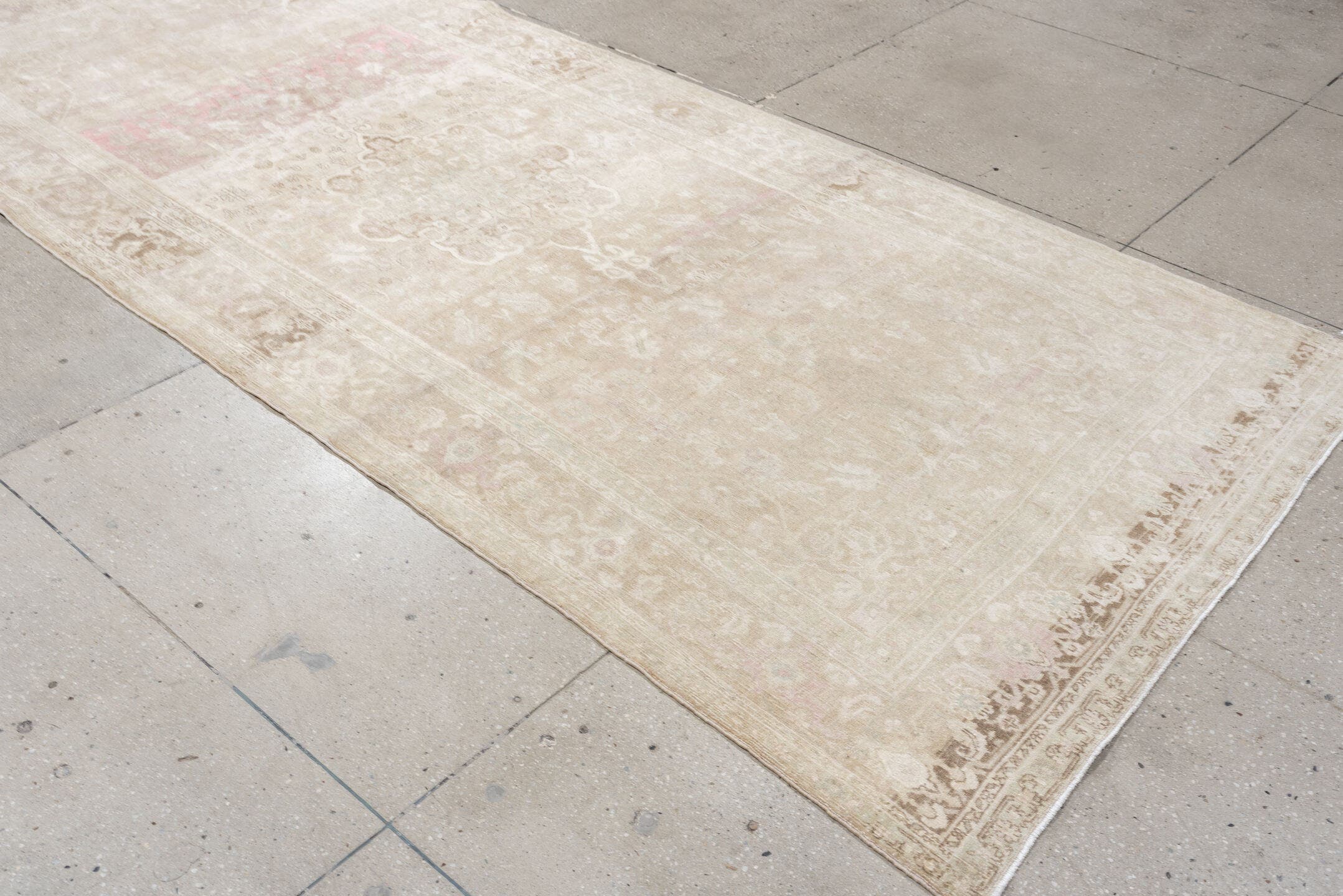 4' x 11' one-of-a-kind handmade vintage Bidjar runner rug. Color palette: ivory, taupe, blush, beige, pale sage, sand, camel