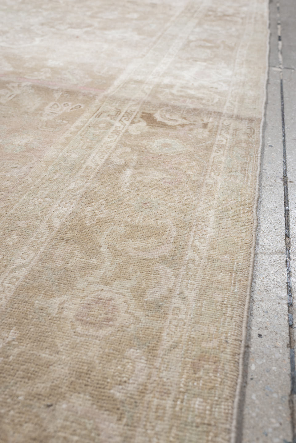 4' x 11' one-of-a-kind handmade vintage Bidjar runner rug. Color palette: ivory, taupe, blush, beige, pale sage, sand, camel