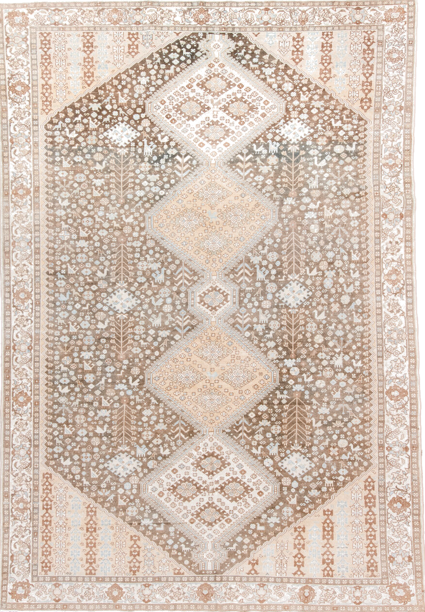 7' x 11' one-of-a-kind handmade vintage large size rug. Color palette: antiquewhite, brown, floral white, gray, light gray