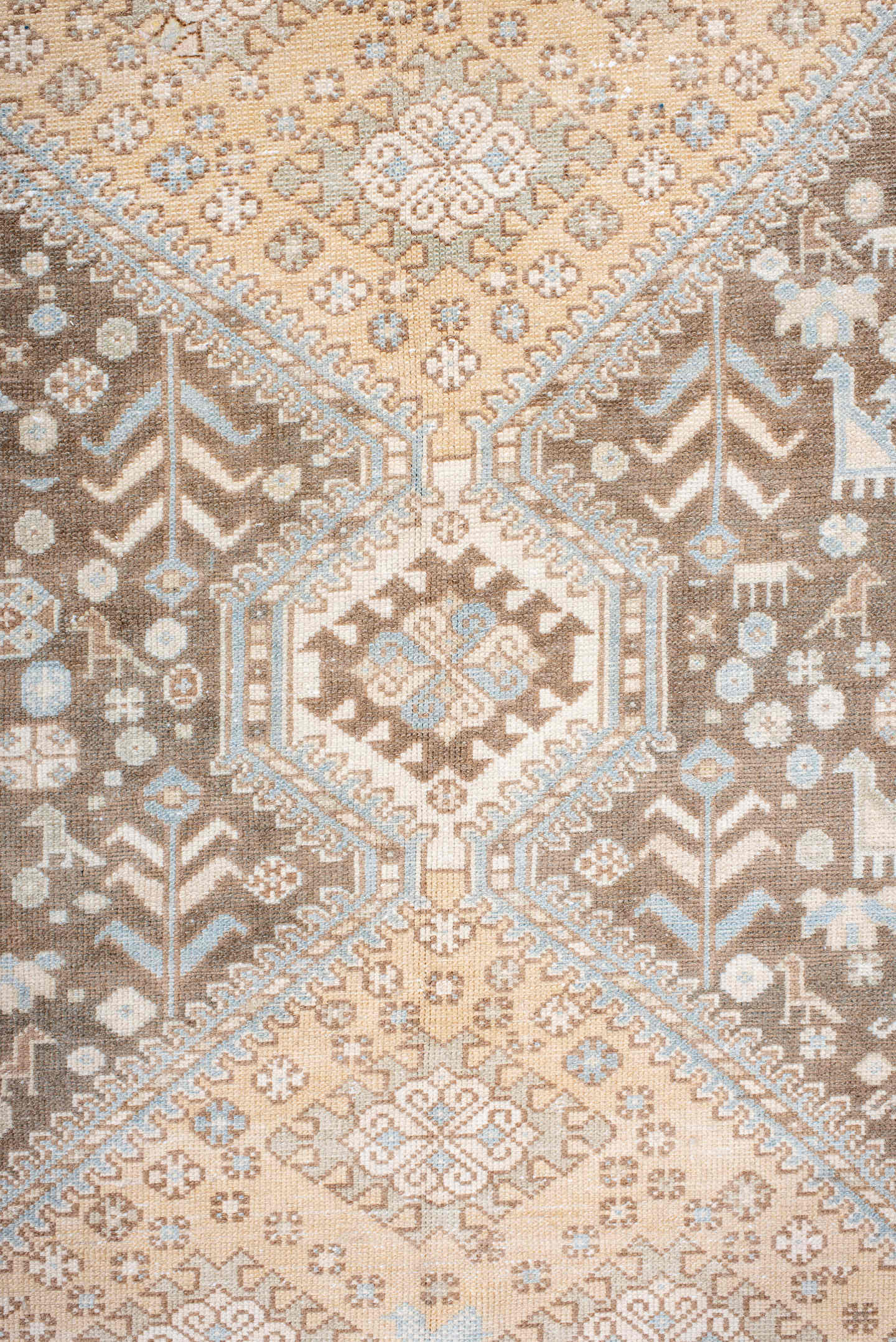 7' x 11' one-of-a-kind handmade antique large size rug. Color palette: taupe, ivory, camel, pale_blue, tan, beige, gray