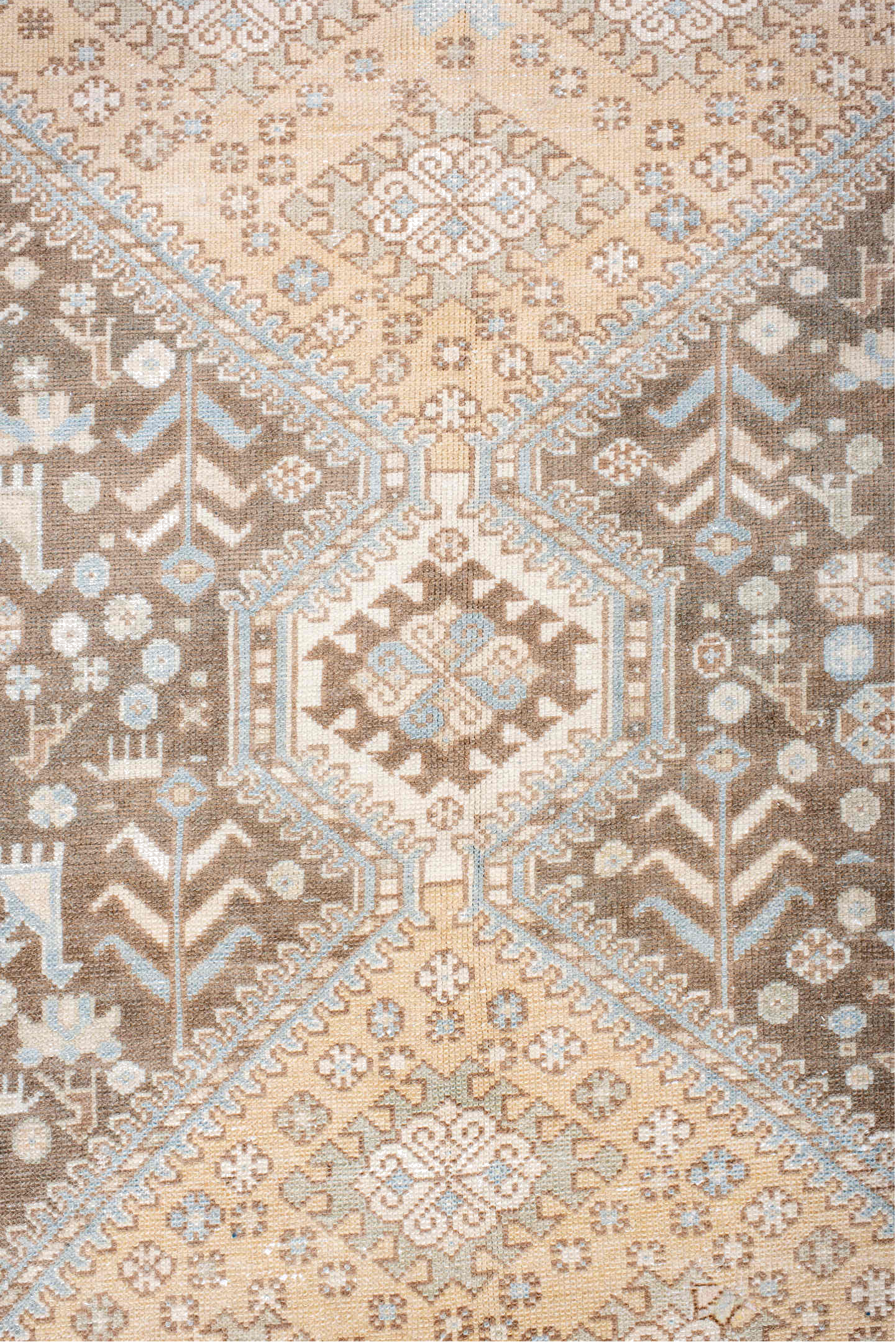 7' x 11' one-of-a-kind handmade vintage large size rug. Color palette: antiquewhite, brown, floral white, gray, light gray
