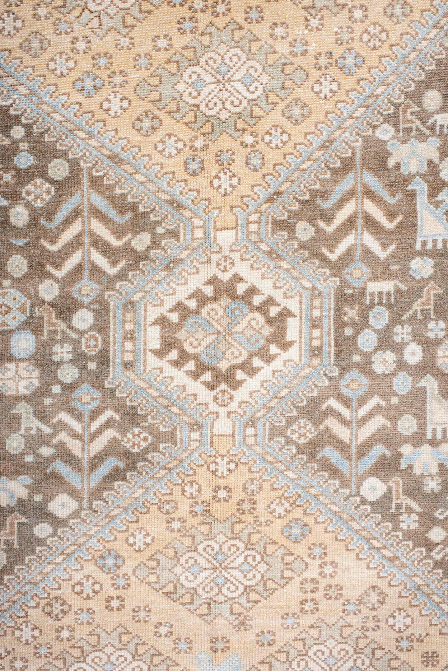 7' x 11' one-of-a-kind handmade antique large size rug. Color palette: taupe, ivory, camel, pale_blue, tan, beige, gray