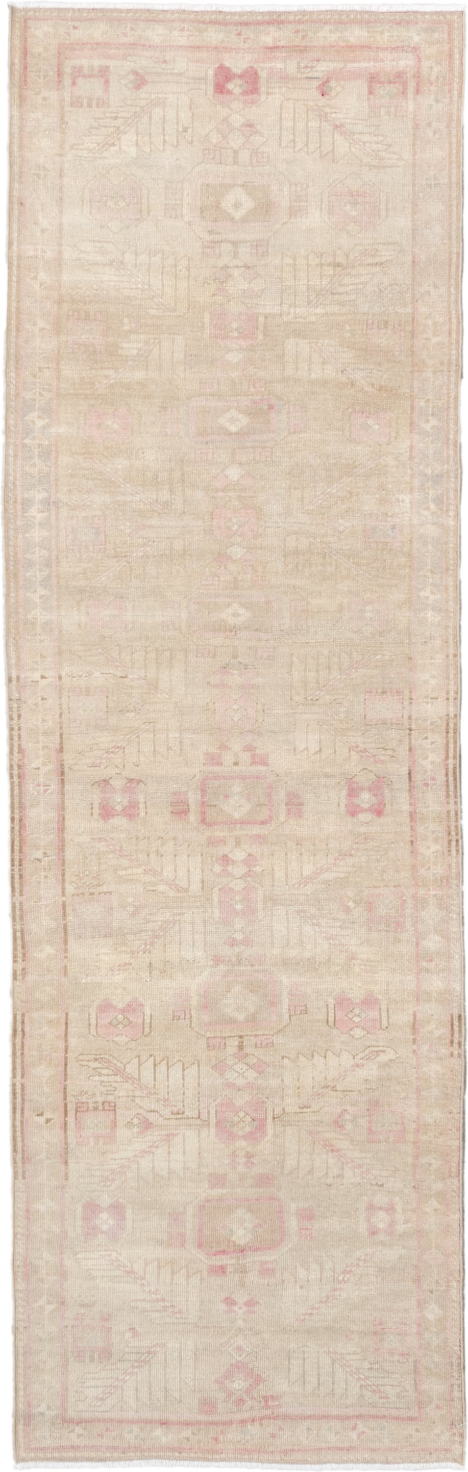 2' x 9' one-of-a-kind handmade vintage Oushak runner rug. Color palette: ivory, blush pink, taupe, beige, sand, pink, gray
