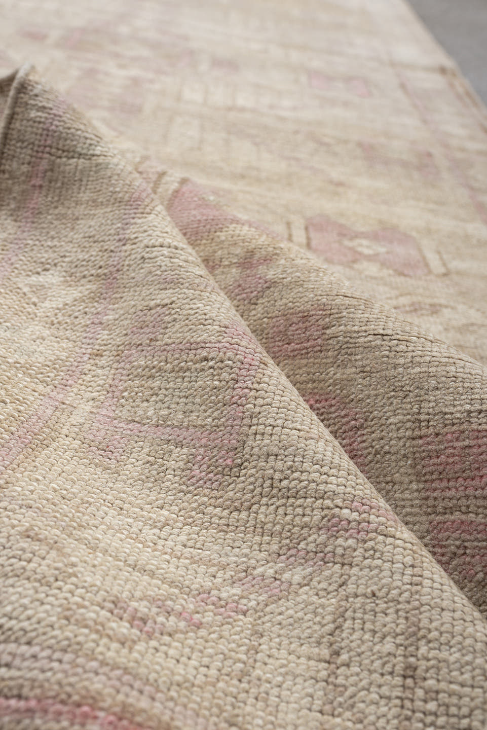 2' x 9' one-of-a-kind handmade vintage Oushak runner rug. Color palette: ivory, blush pink, taupe, beige, sand, pink, gray