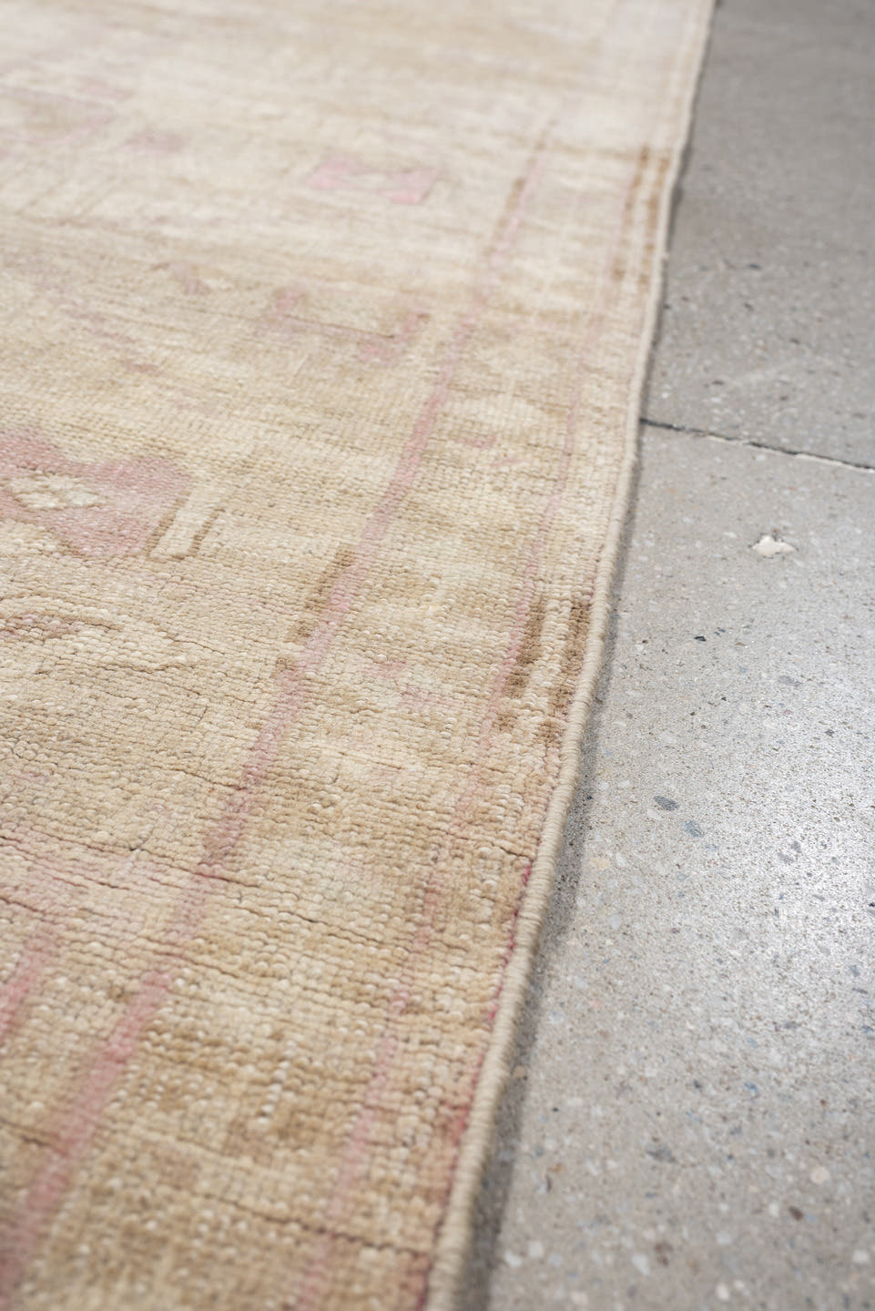 2' x 9' one-of-a-kind handmade vintage Oushak runner rug. Color palette: ivory, blush pink, taupe, beige, sand, pink, gray