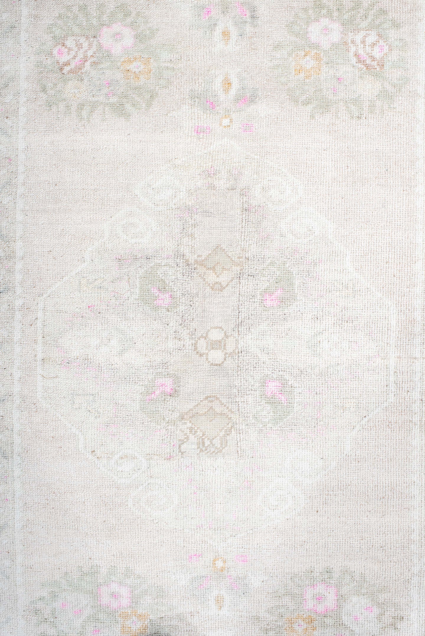 2' x 9' one-of-a-kind handmade antique Anatolian runner rug. Color palette: ivory, cream, blush, pale pink, taupe, sage