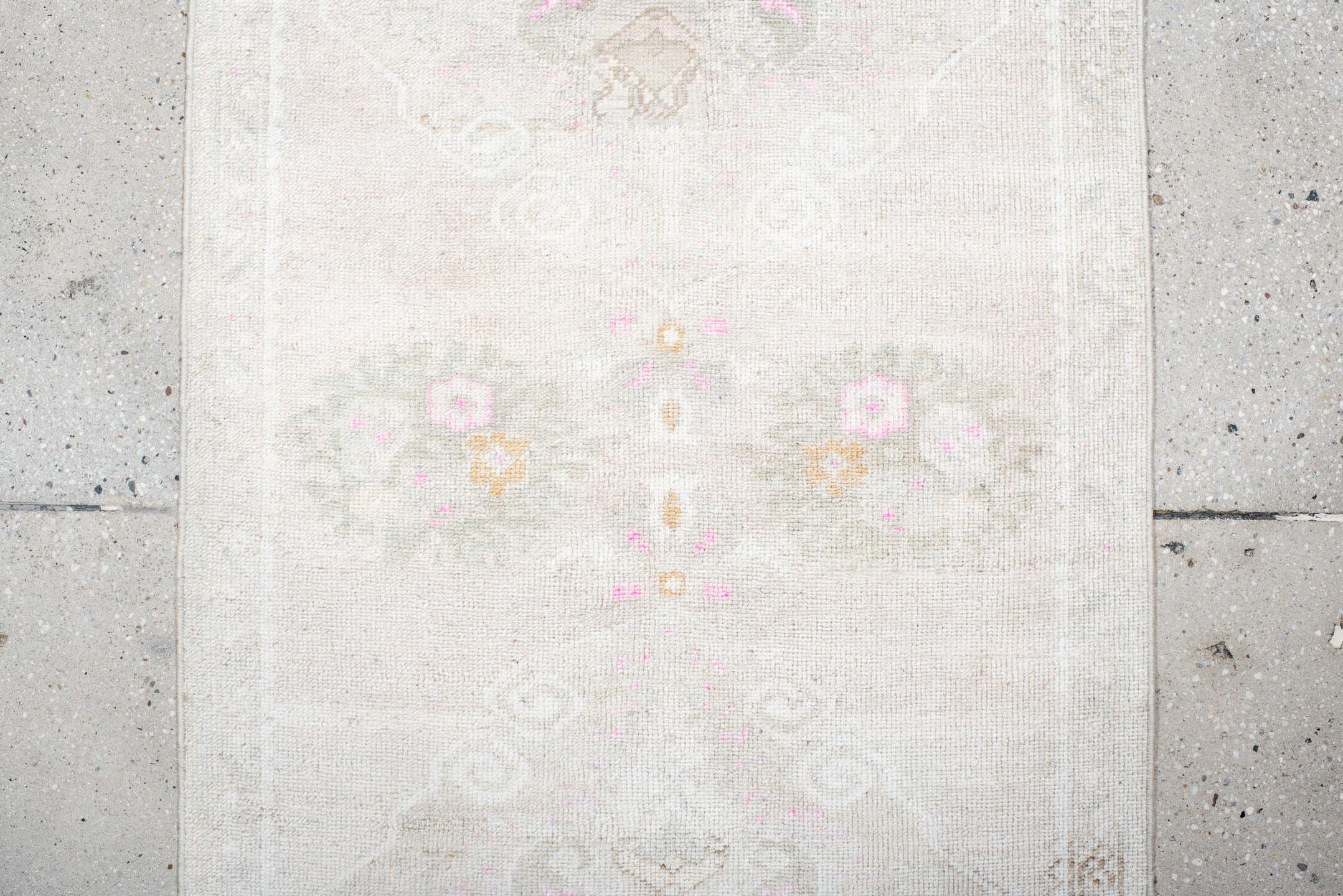 2' x 9' one-of-a-kind handmade antique Anatolian runner rug. Color palette: ivory, cream, blush, pale pink, taupe, sage