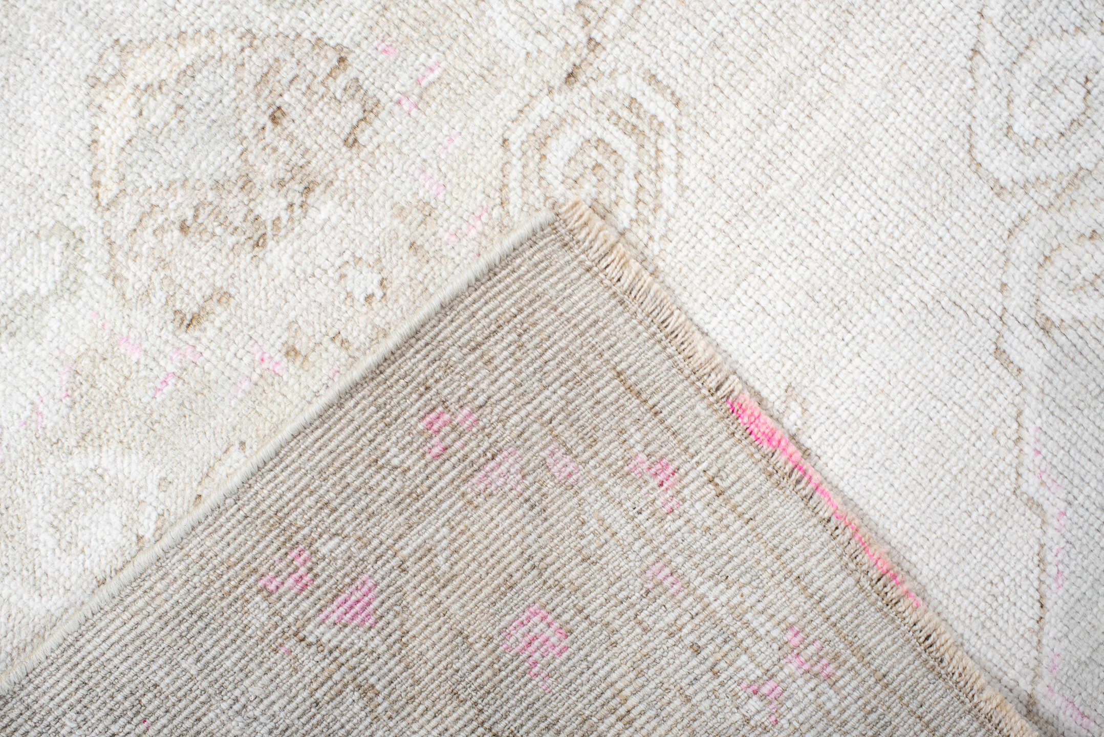 2' x 9' one-of-a-kind handmade antique Anatolian runner rug. Color palette: ivory, cream, blush, pale pink, taupe, sage