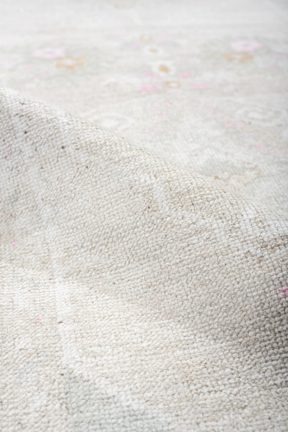 2' x 9' one-of-a-kind handmade antique Anatolian runner rug. Color palette: ivory, cream, blush, pale pink, taupe, sage