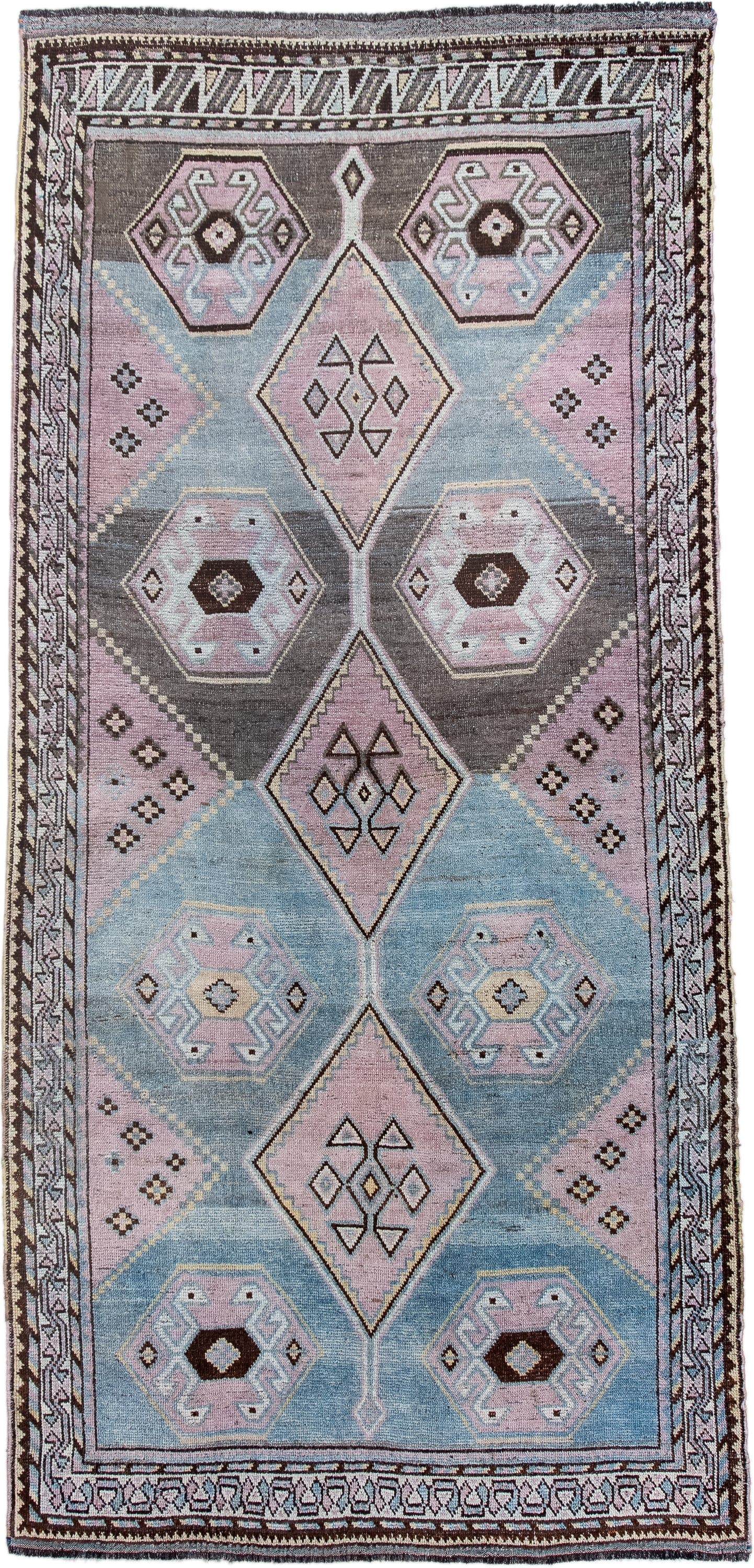 4' x 8' one-of-a-kind handmade antique Gabbe rug. Color palette: sky blue, lavender, charcoal, ivory, brown, blush, taupe