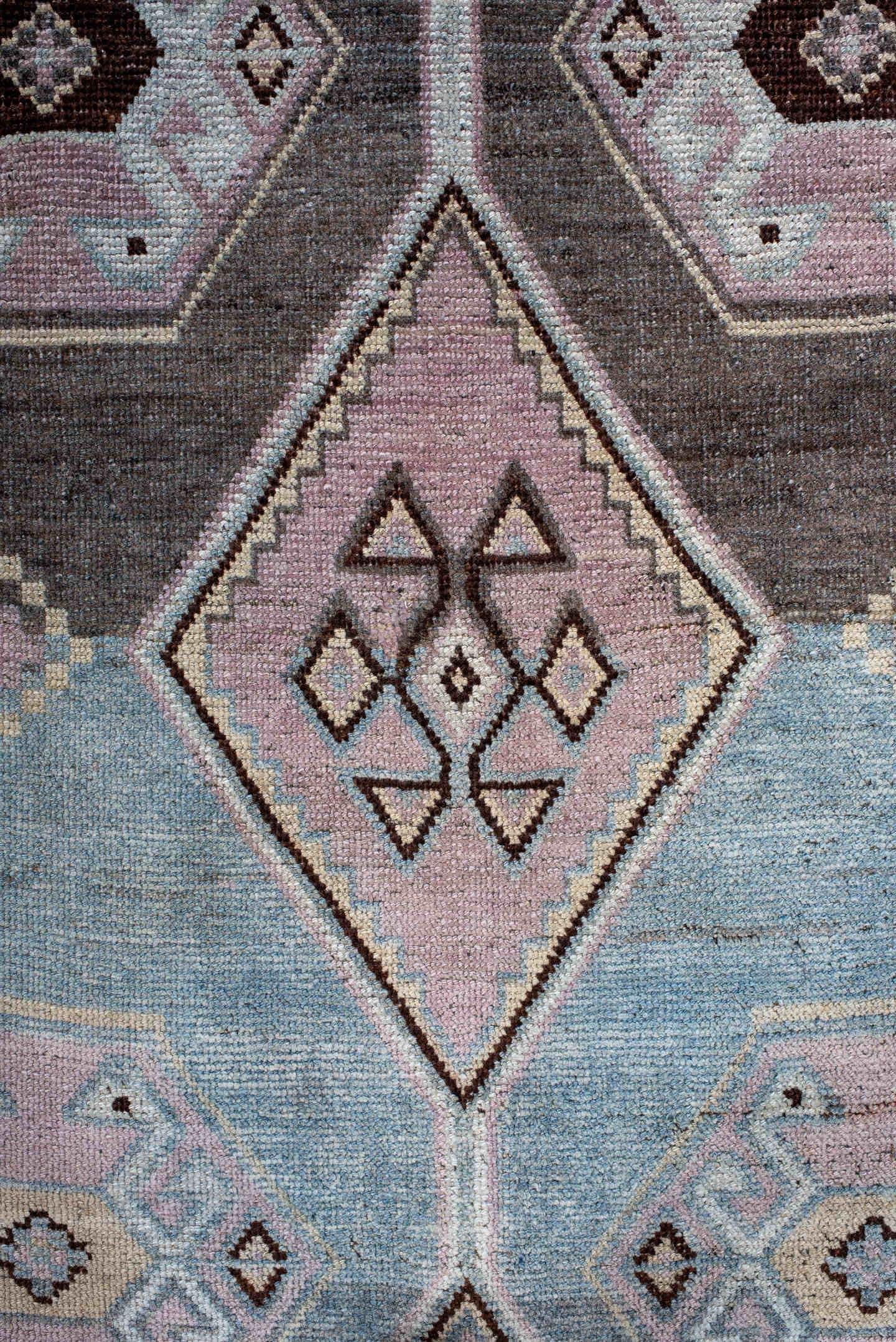4' x 8' one-of-a-kind handmade antique Gabbe rug. Color palette: sky blue, lavender, charcoal, ivory, brown, blush, taupe