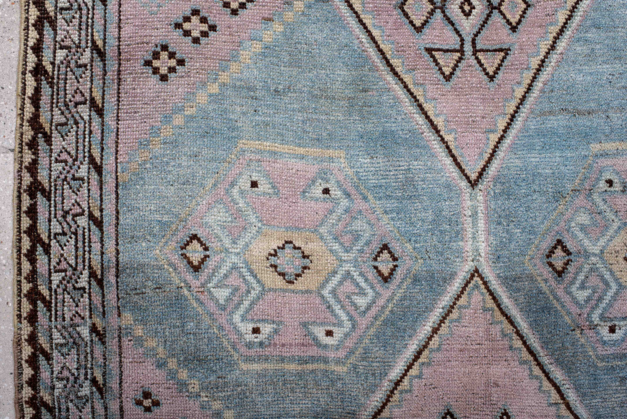 4' x 8' one-of-a-kind handmade antique Gabbe rug. Color palette: sky blue, lavender, charcoal, ivory, brown, blush, taupe
