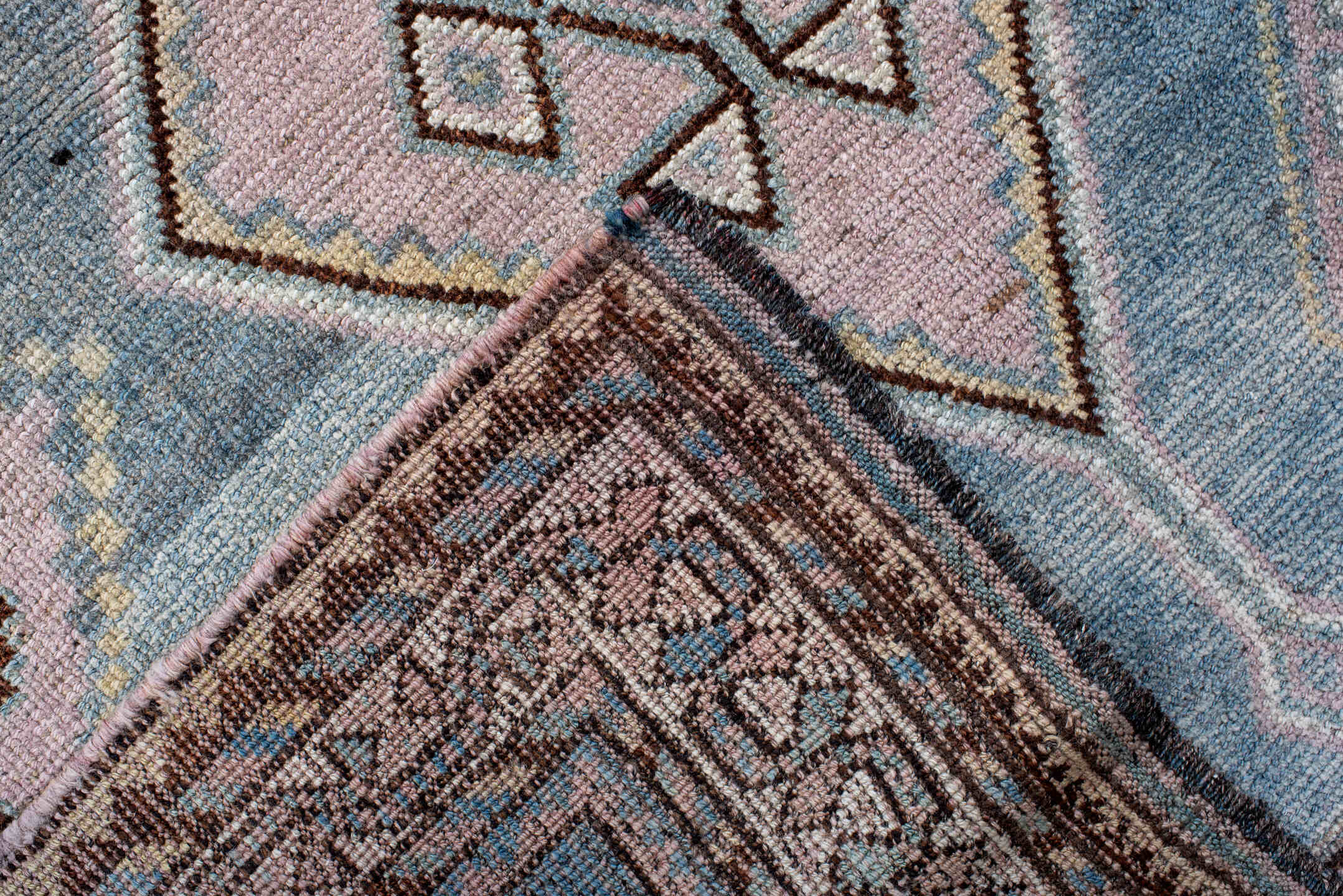 4' x 8' one-of-a-kind handmade antique Gabbe rug. Color palette: sky blue, lavender, charcoal, ivory, brown, blush, taupe