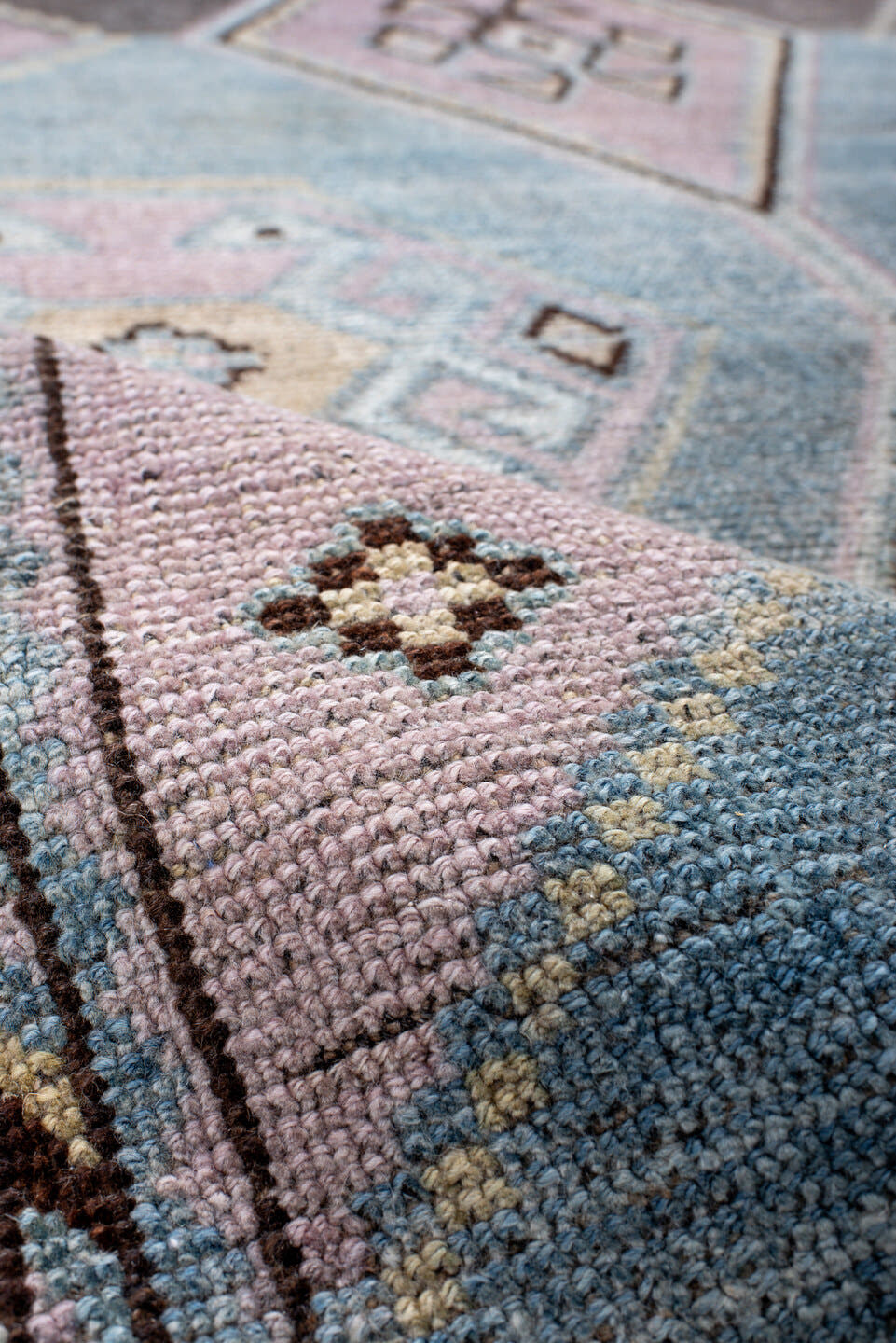 4' x 8' one-of-a-kind handmade antique Gabbe rug. Color palette: sky blue, lavender, charcoal, ivory, brown, blush, taupe
