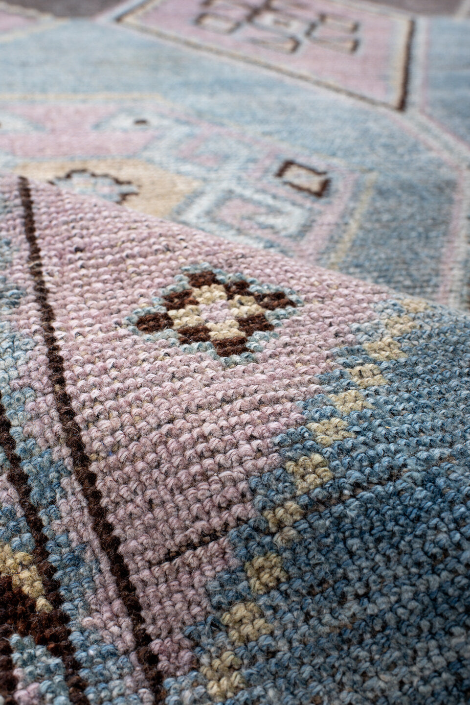 4' x 8' one-of-a-kind handmade antique Gabbe rug. Color palette: sky blue, lavender, charcoal, ivory, brown, blush, taupe