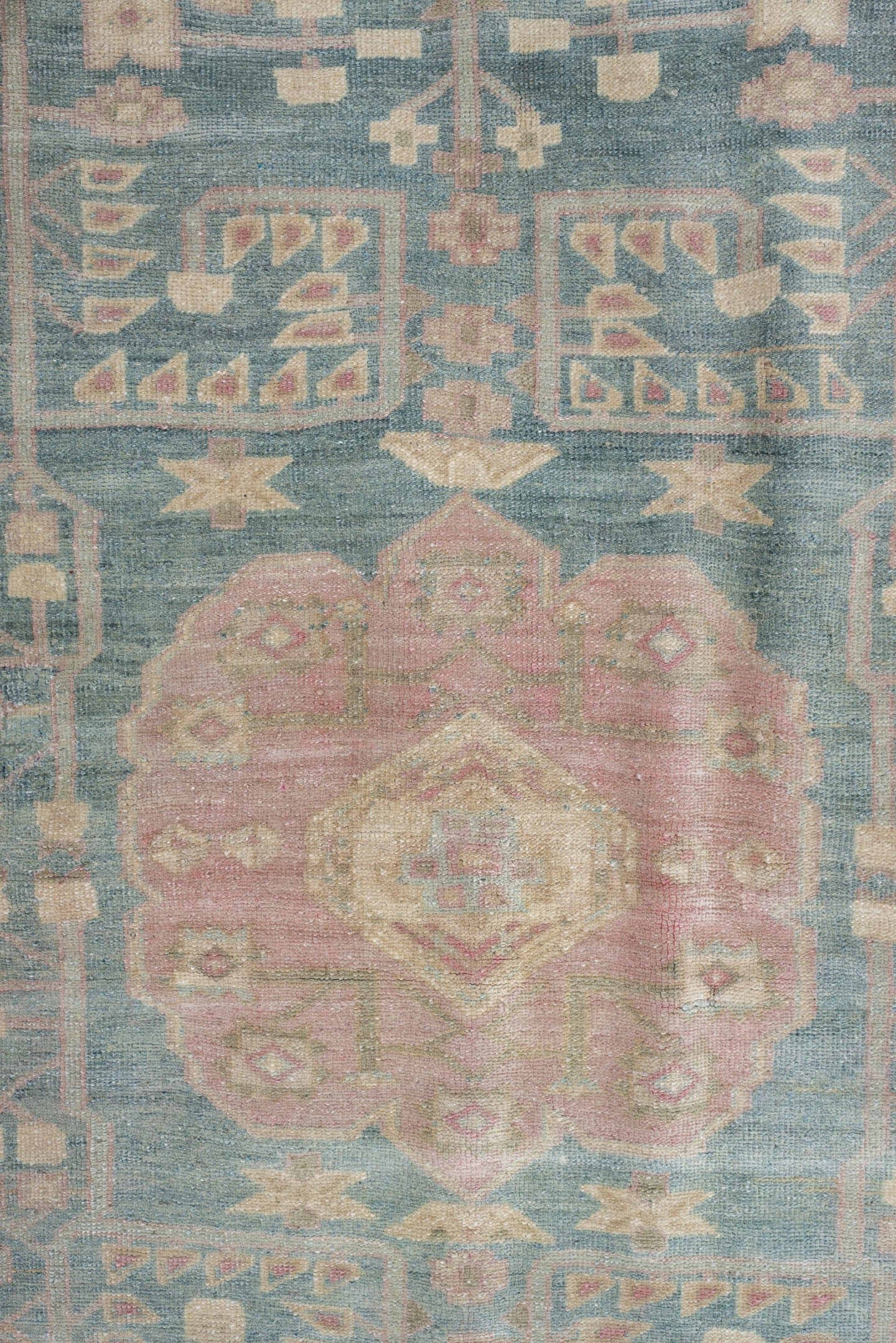 4' x 9' one-of-a-kind handmade vintage Saraband runner rug. Color palette: sky blue, ivory, blush, cream, taupe, sage, rose