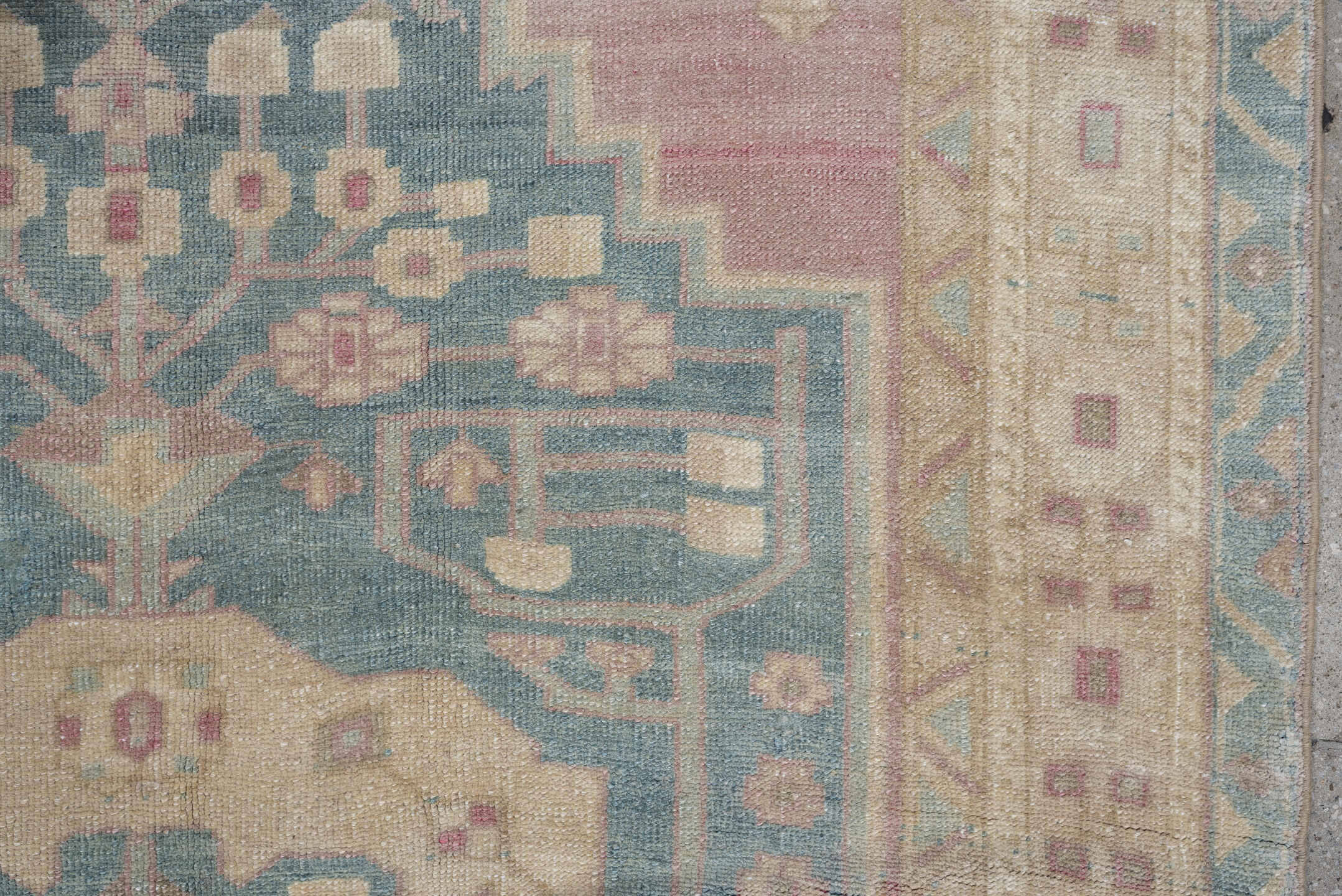 4' x 9' one-of-a-kind handmade vintage Saraband runner rug. Color palette: sky blue, ivory, blush, cream, taupe, sage, rose