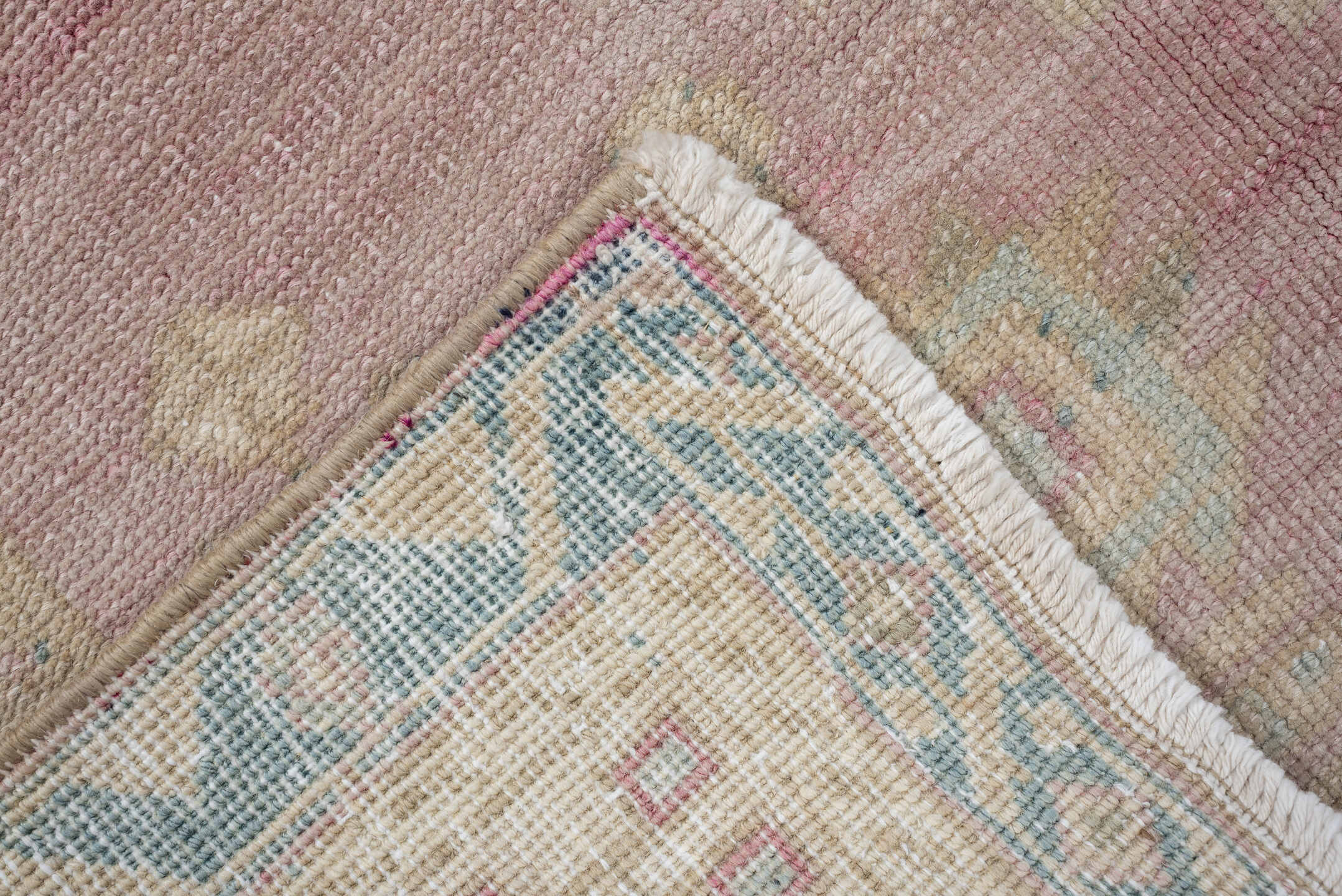 4' x 9' one-of-a-kind handmade vintage Saraband runner rug. Color palette: sky blue, ivory, blush, cream, taupe, sage, rose