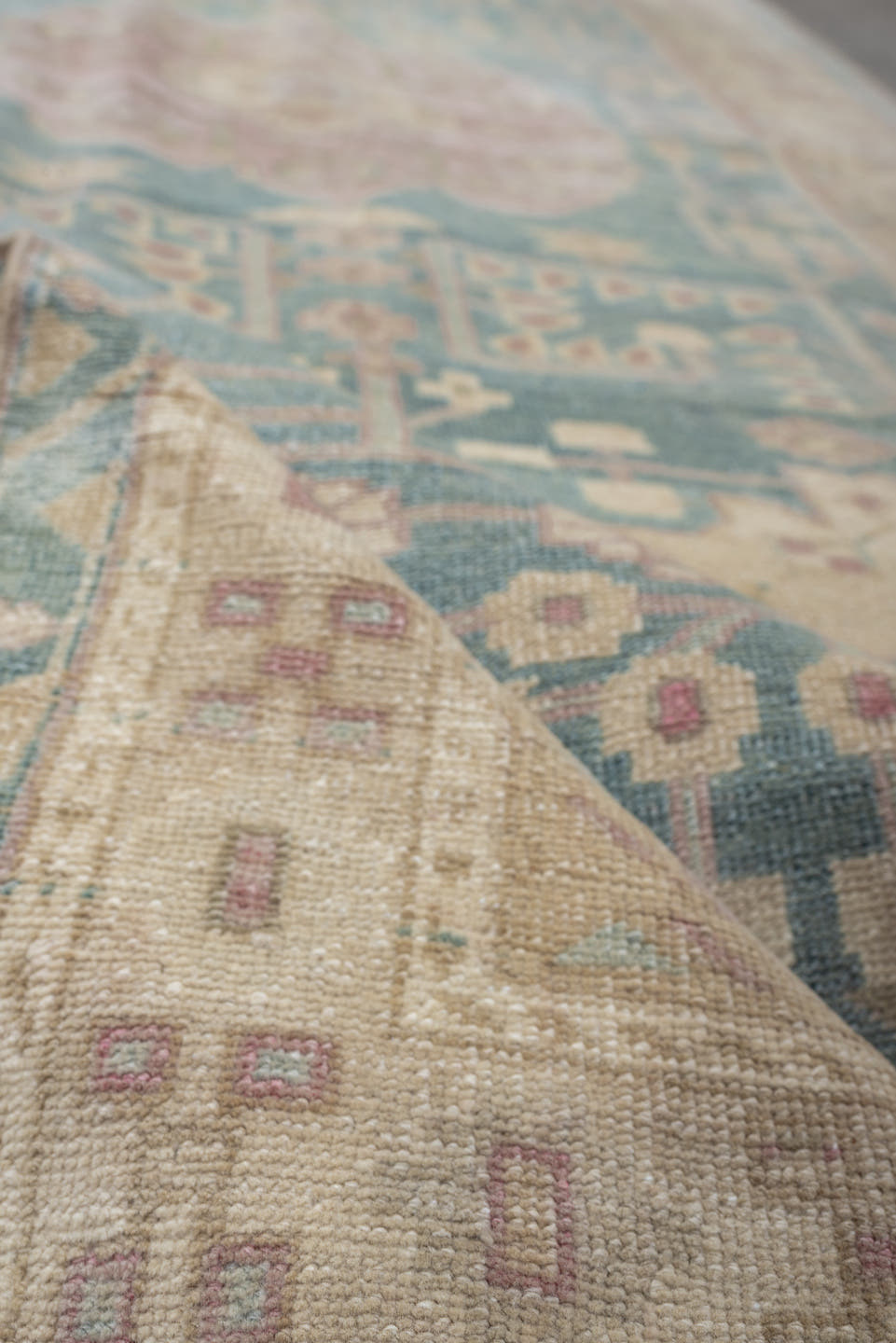 4' x 9' one-of-a-kind handmade vintage Saraband runner rug. Color palette: sky blue, ivory, blush, cream, taupe, sage, rose