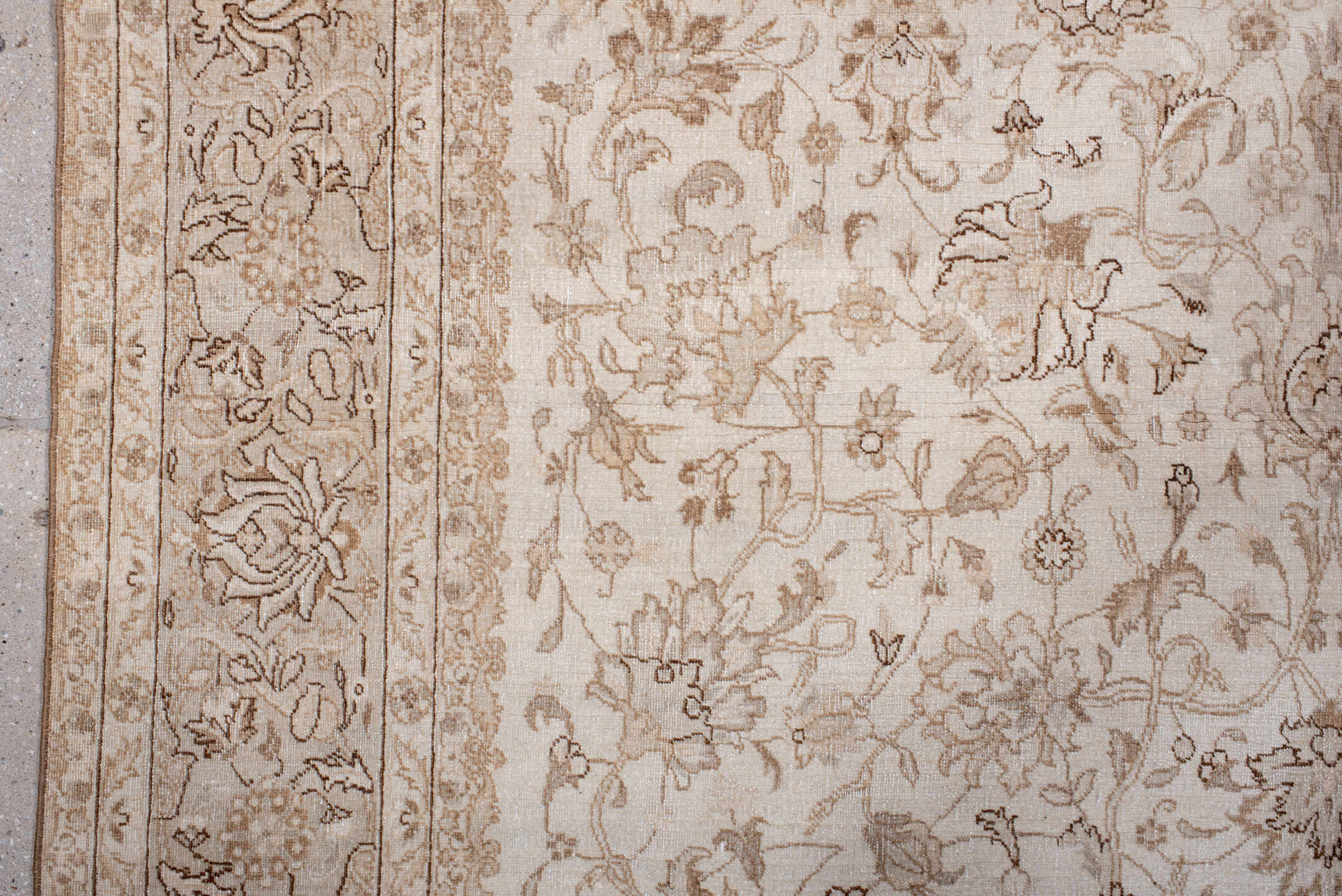 5' x 8' one-of-a-kind handmade vintage Sivas medium size rug. Color palette: brown, off-white, gray, light gray, pink, linen