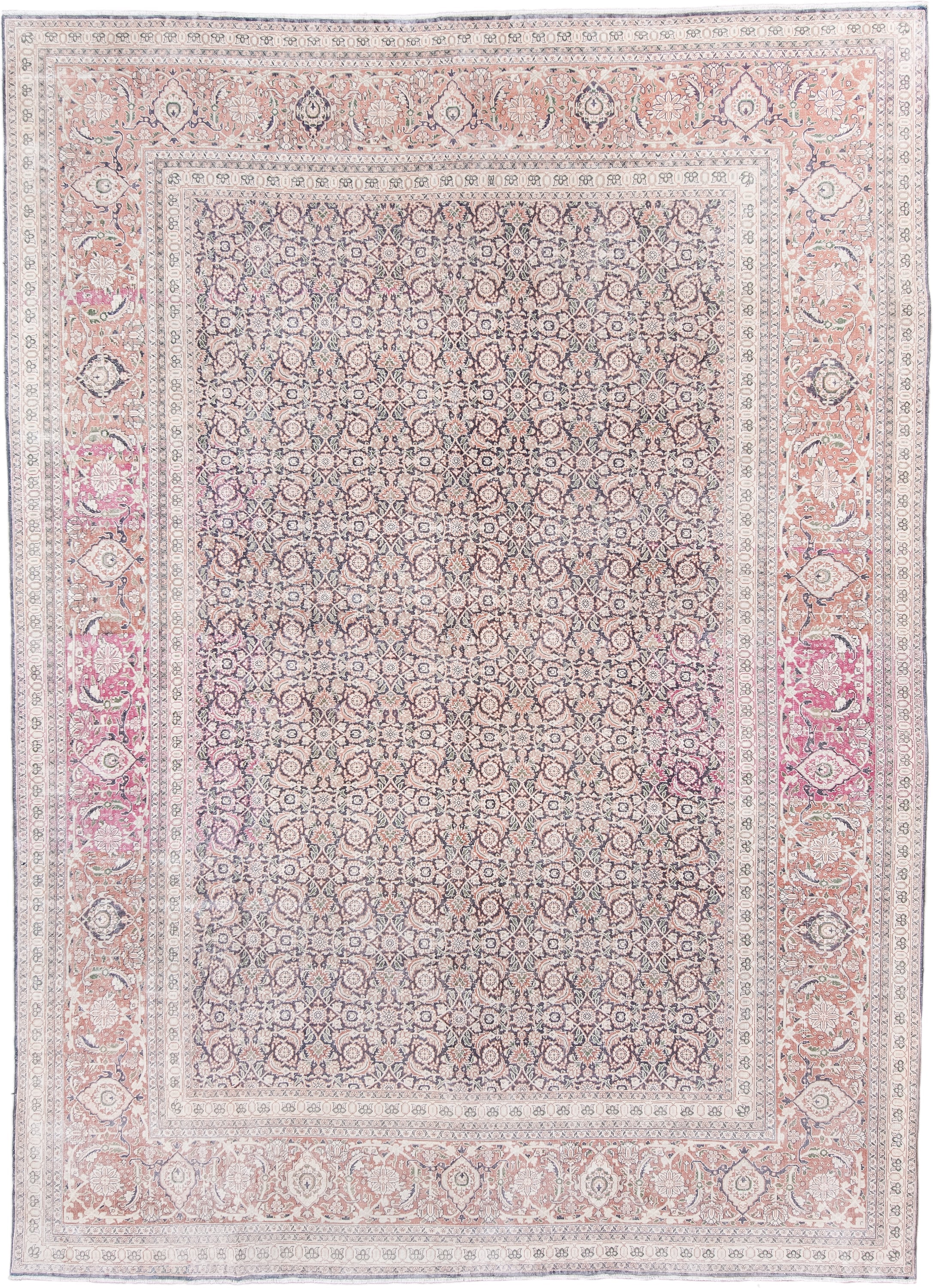8' x 11' one-of-a-kind handmade antique Tabriz large size rug. Color palette: ivory, blush, rose, dusty blue, taupe, peach