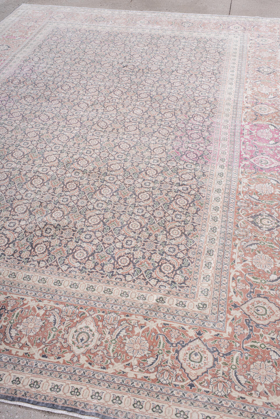 8' x 11' one-of-a-kind handmade antique Tabriz large size rug. Color palette: ivory, blush, rose, dusty blue, taupe, peach