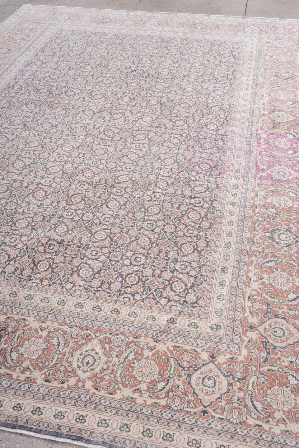8' x 11' one-of-a-kind handmade antique Tabriz large size rug. Color palette: ivory, blush, rose, dusty blue, taupe, peach