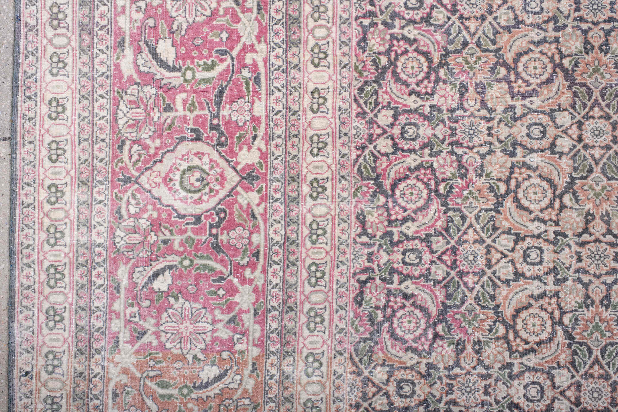 8' x 11' one-of-a-kind handmade antique Tabriz large size rug. Color palette: ivory, blush, rose, dusty blue, taupe, peach