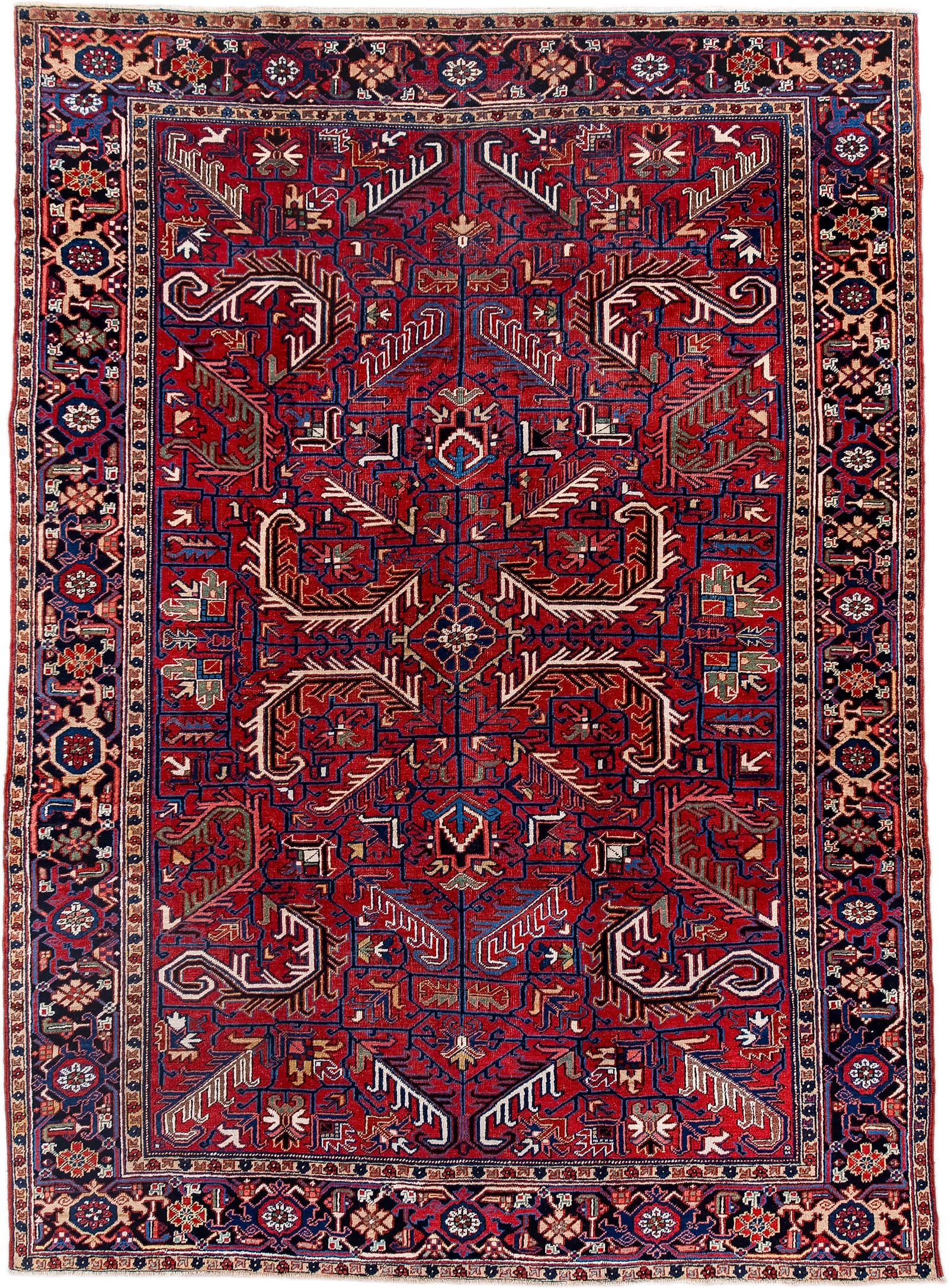 7' x 10' one-of-a-kind handmade antique Heriz large size rug. Color palette: red, navy, ivory, sky blue, camel, rust, brown