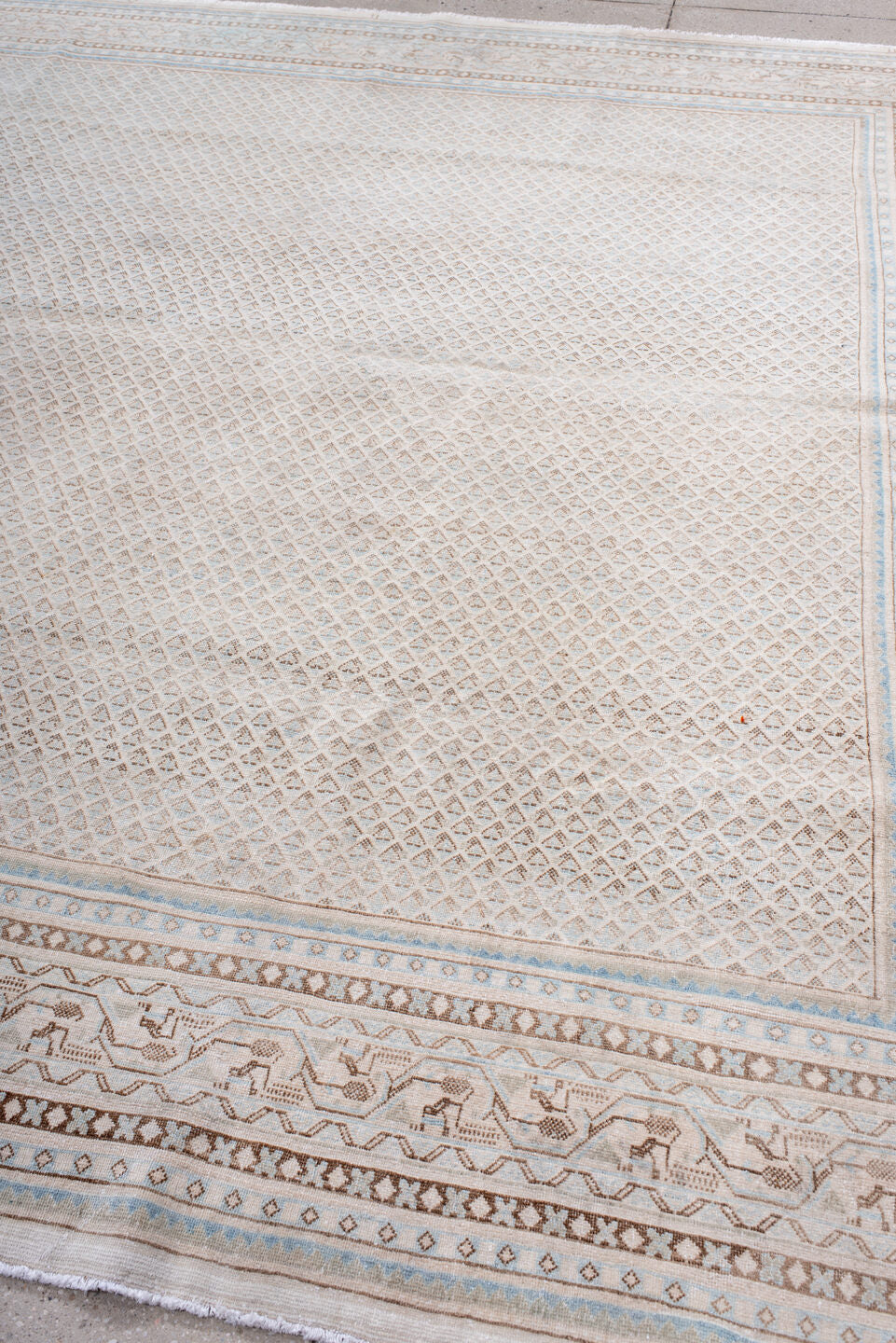 9' x 10' one-of-a-kind handmade vintage Saraband large size rug. Color palette: brown, dark gray, gainsboro, gray