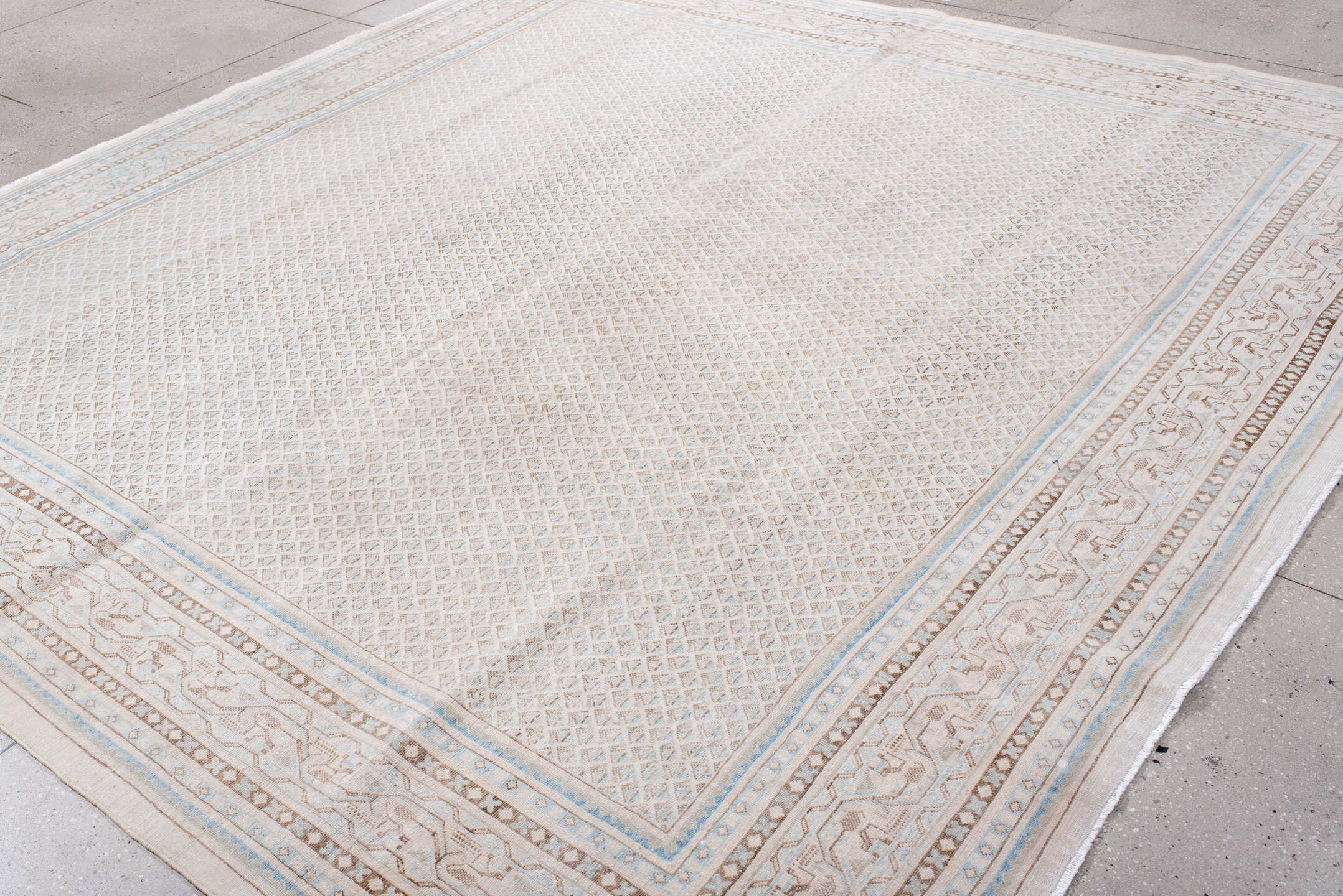 9' x 10' one-of-a-kind handmade vintage Saraband large size rug. Color palette: brown, dark gray, gainsboro, gray