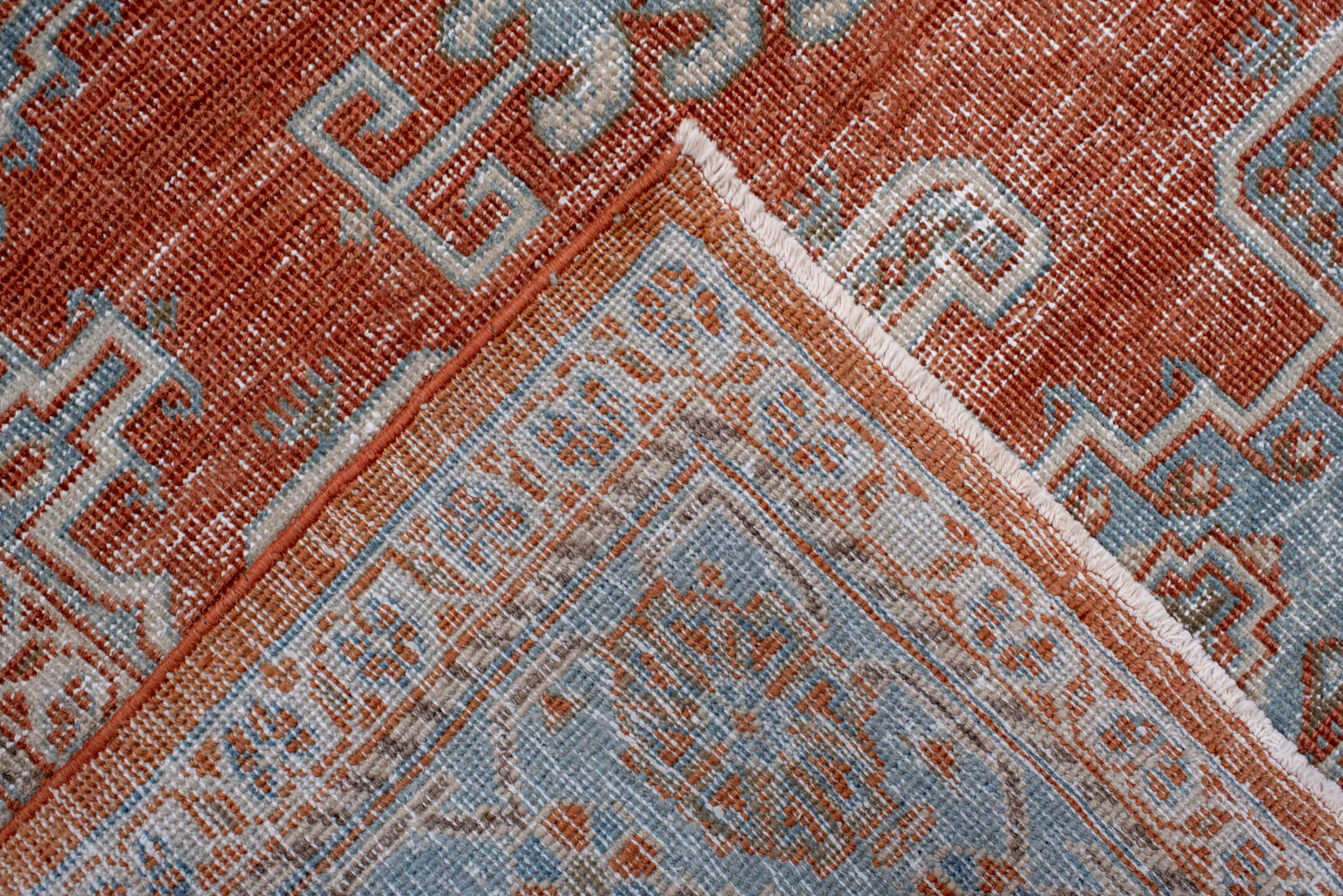7' x 8' one-of-a-kind handmade antique Veece rug. Color palette: rust, pale blue, ivory, taupe, camel, terracotta, brown