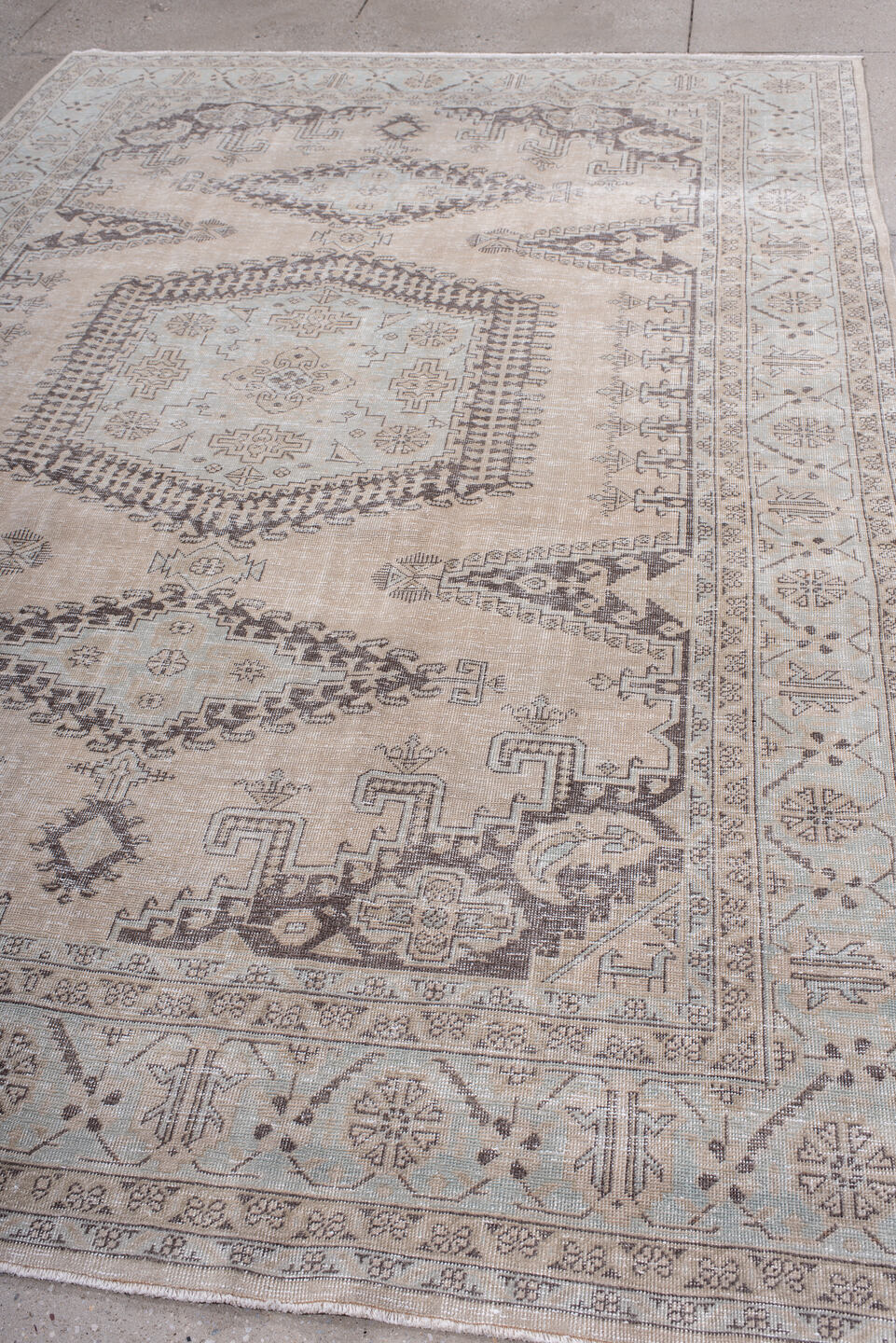 7' x 10' one-of-a-kind handmade antique Veece large size rug. Color palette: ivory, taupe, charcoal, brown, beige, gray