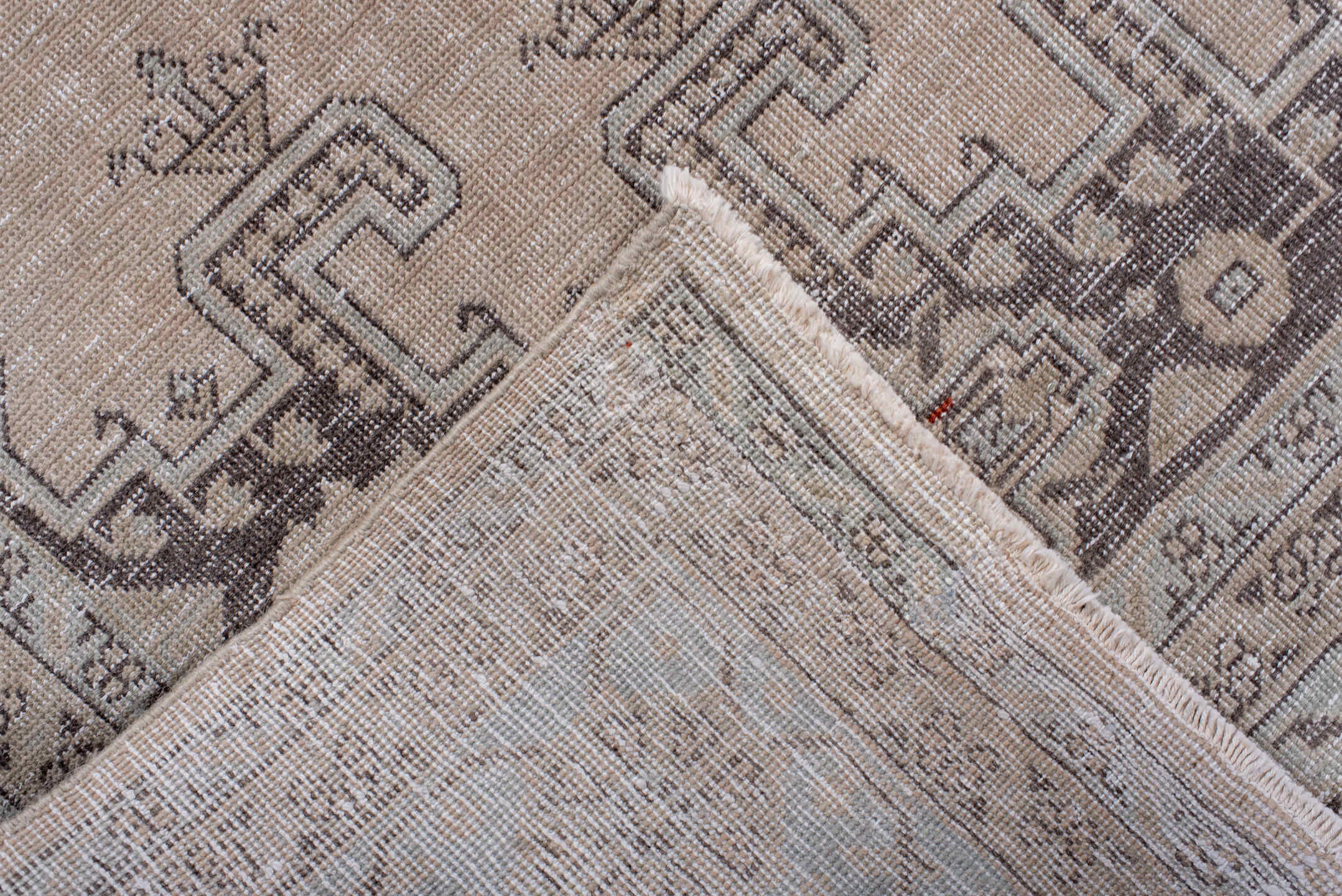 7' x 10' one-of-a-kind handmade antique Veece large size rug. Color palette: ivory, taupe, charcoal, brown, beige, gray