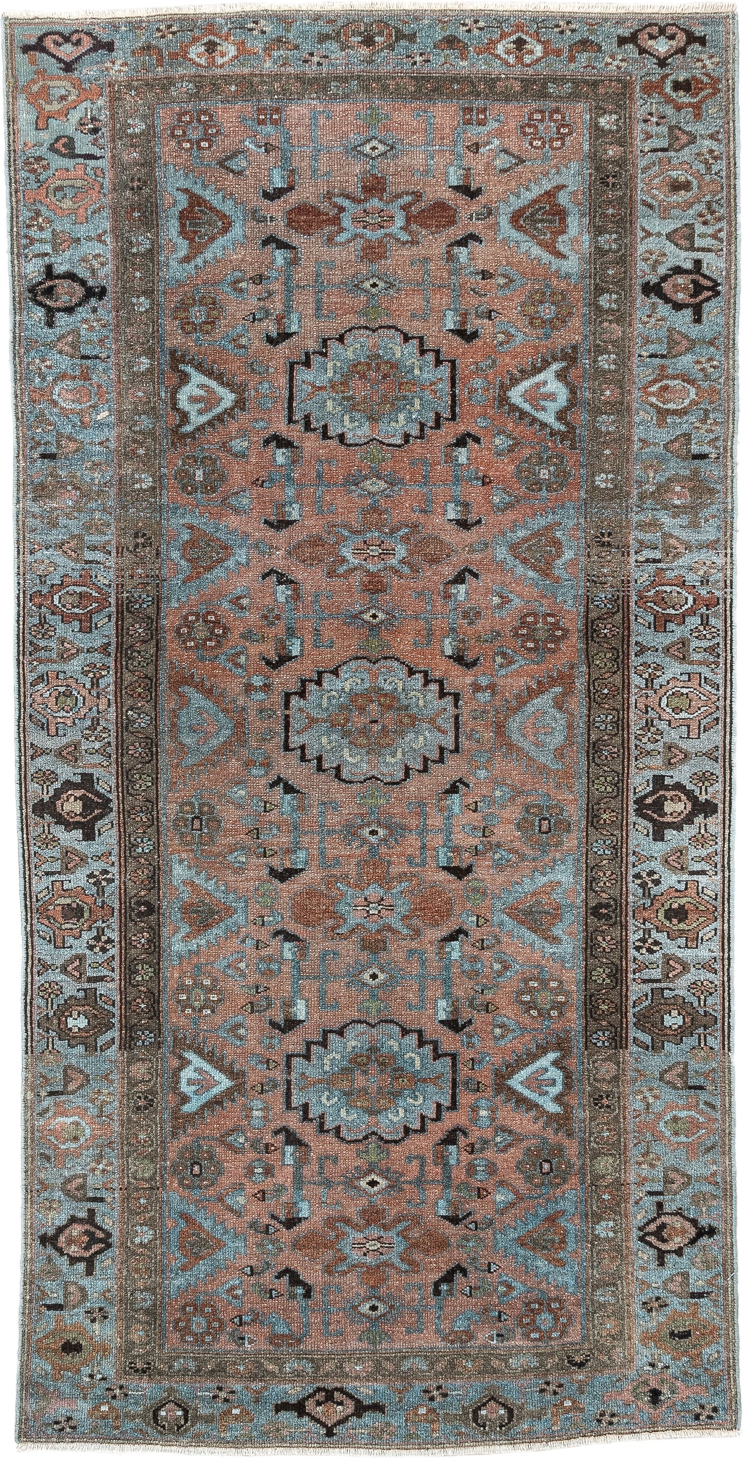 3' x 6' one-of-a-kind handmade antique Lilian runner rug. Color palette: sky blue, terracotta, brown, charcoal, taupe, ivory
