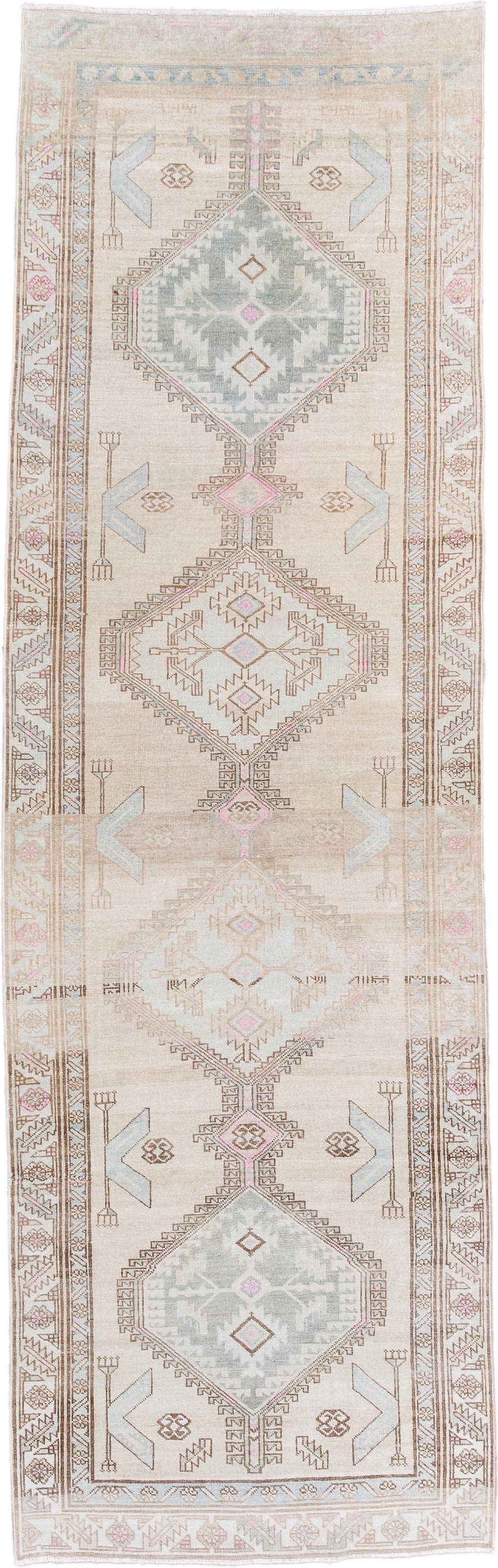 3' x 9' one-of-a-kind handmade antique Sarab runner rug. Color palette: ivory, camel, pale blue, blush, taupe, sand, beige