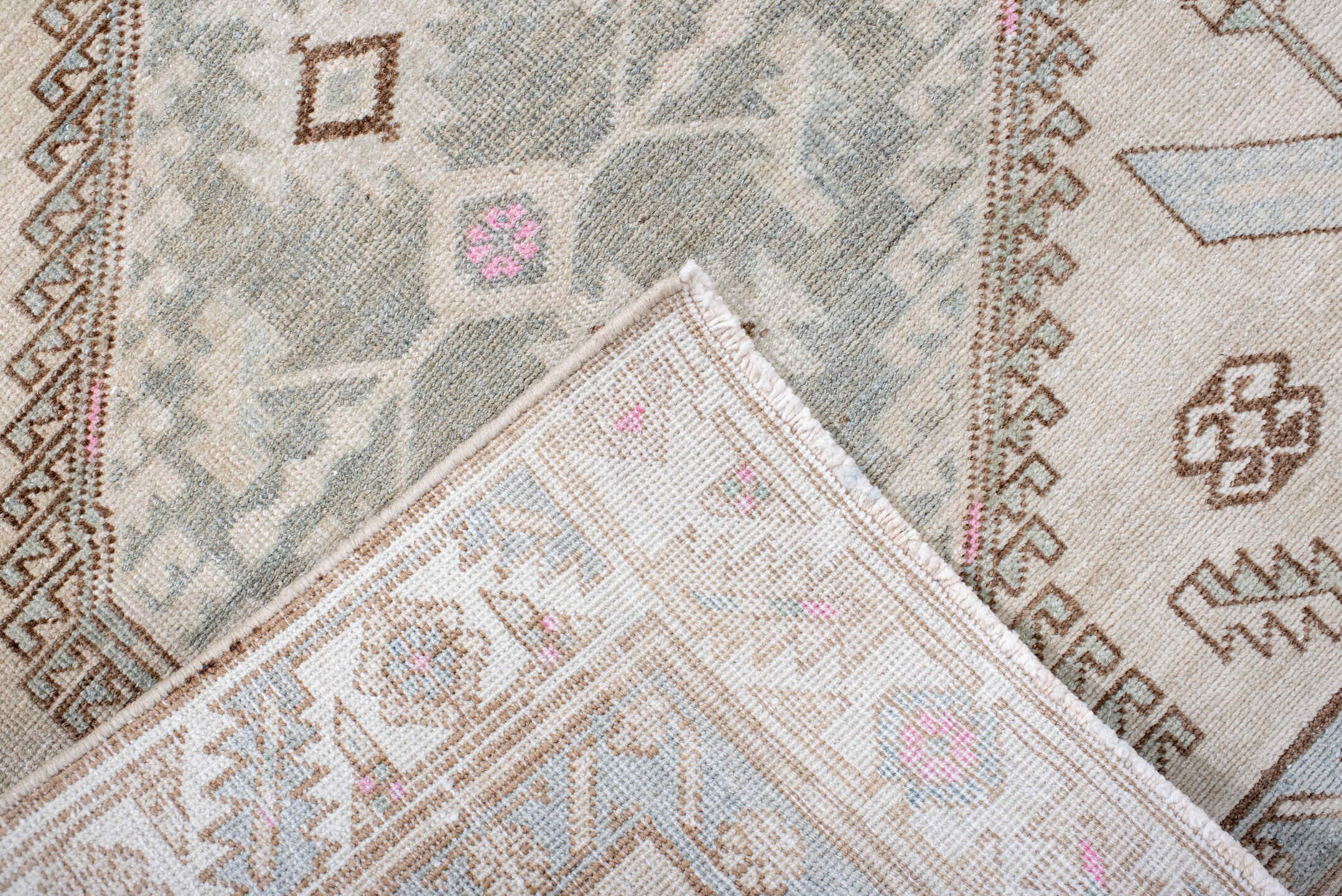 3' x 9' one-of-a-kind handmade antique Sarab runner rug. Color palette: ivory, camel, pale blue, blush, taupe, sand, beige
