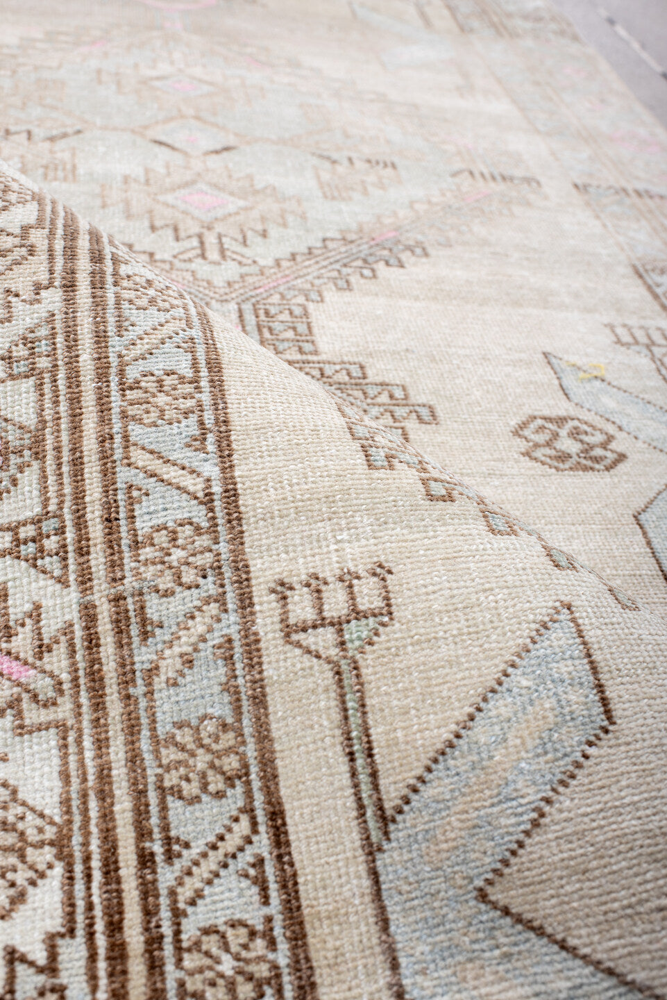 3' x 9' one-of-a-kind handmade antique Sarab runner rug. Color palette: ivory, camel, pale blue, blush, taupe, sand, beige