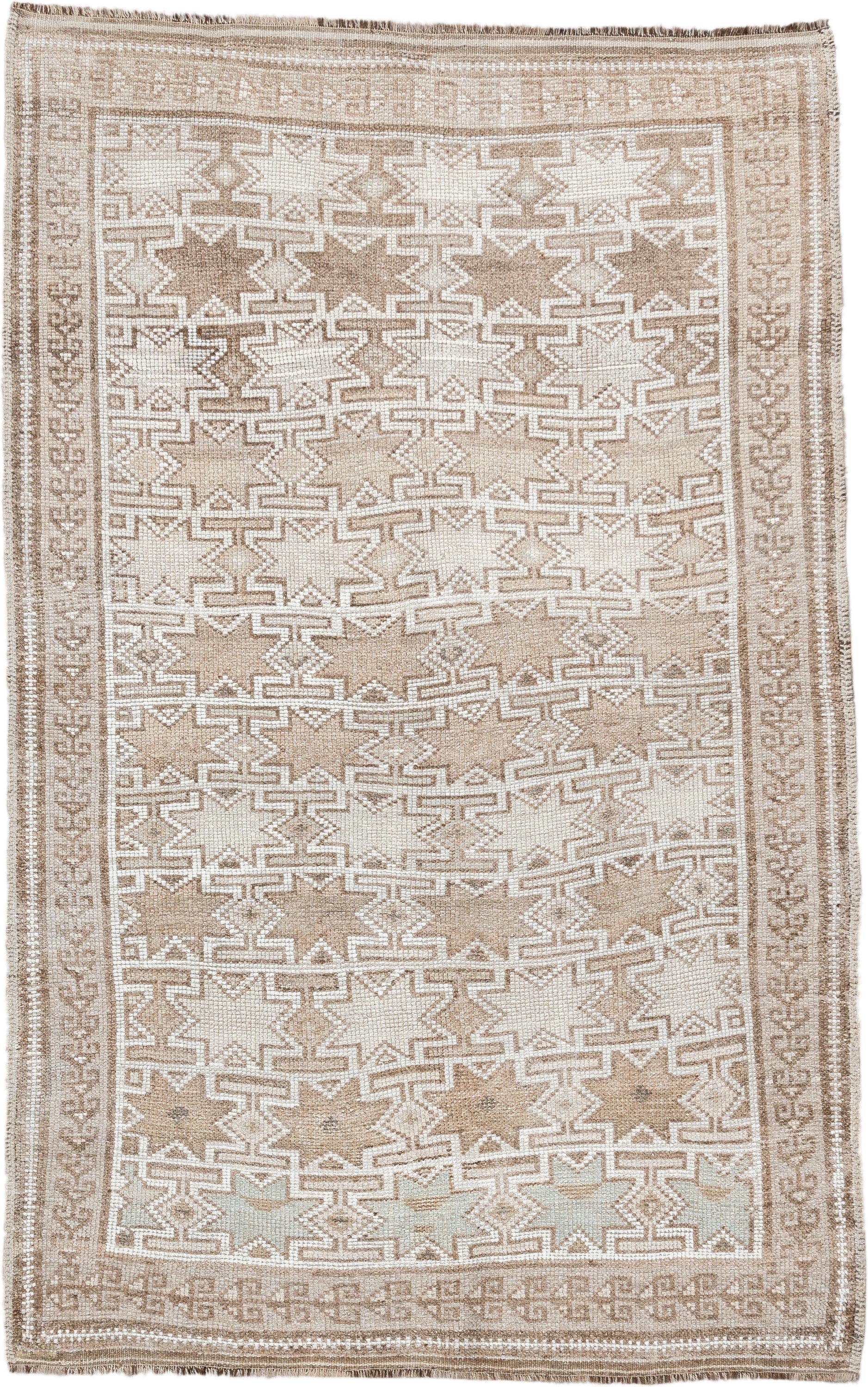 4' x 6' one-of-a-kind handmade antique Kurd small size rug. Color palette: ivory, camel, taupe, sand, beige, gray