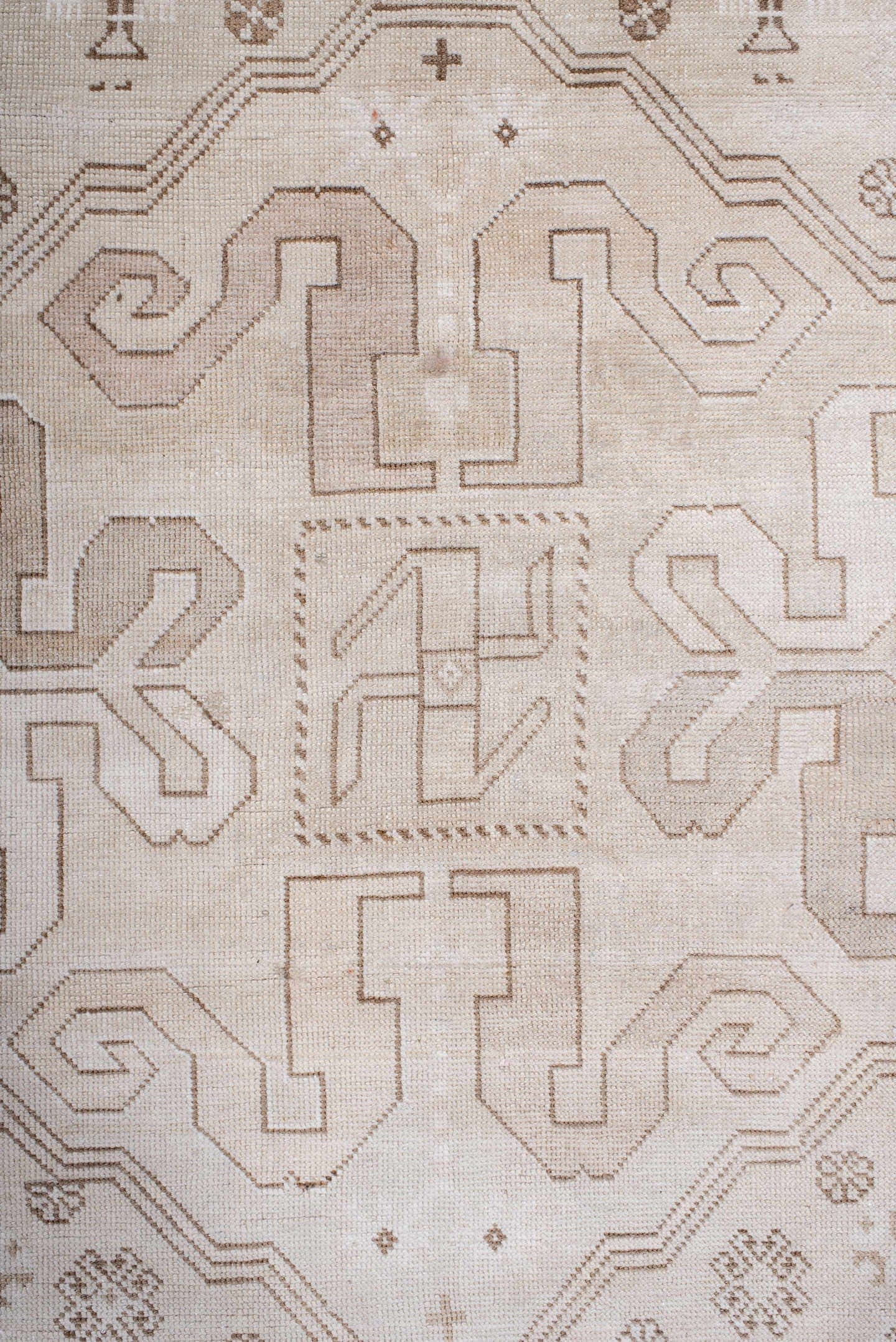 4' x 10' one-of-a-kind handmade vintage Caucasian runner rug. Color palette: ivory, sky blue, taupe, camel, beige