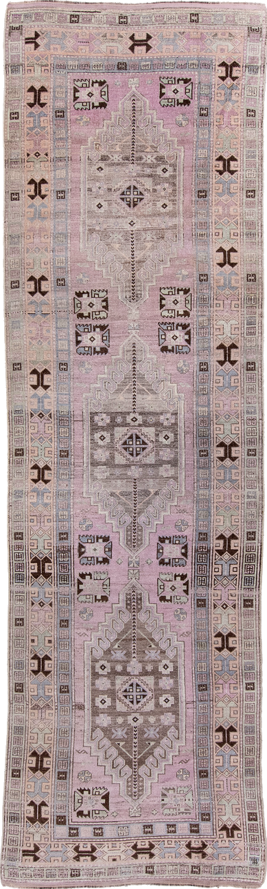 3' x 11' one-of-a-kind handmade vintage Anatolian runner rug. Color palette: brown, gray, light gray, off-white, pink