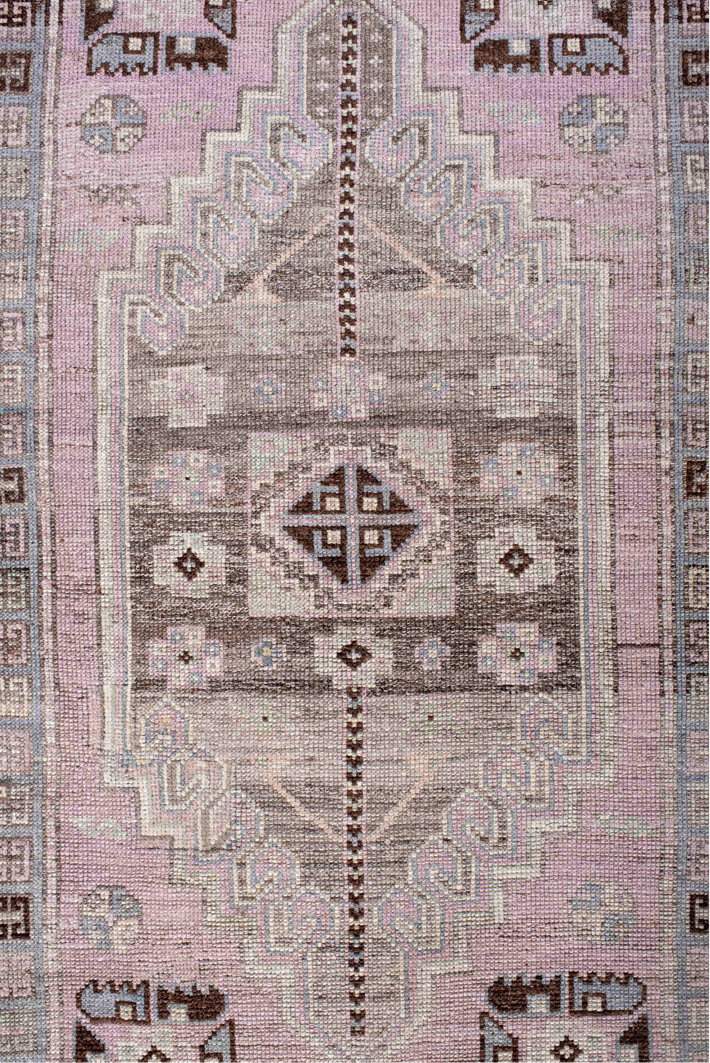 3' x 11' one-of-a-kind handmade vintage Anatolian runner rug. Color palette: brown, gray, light gray, off-white, pink