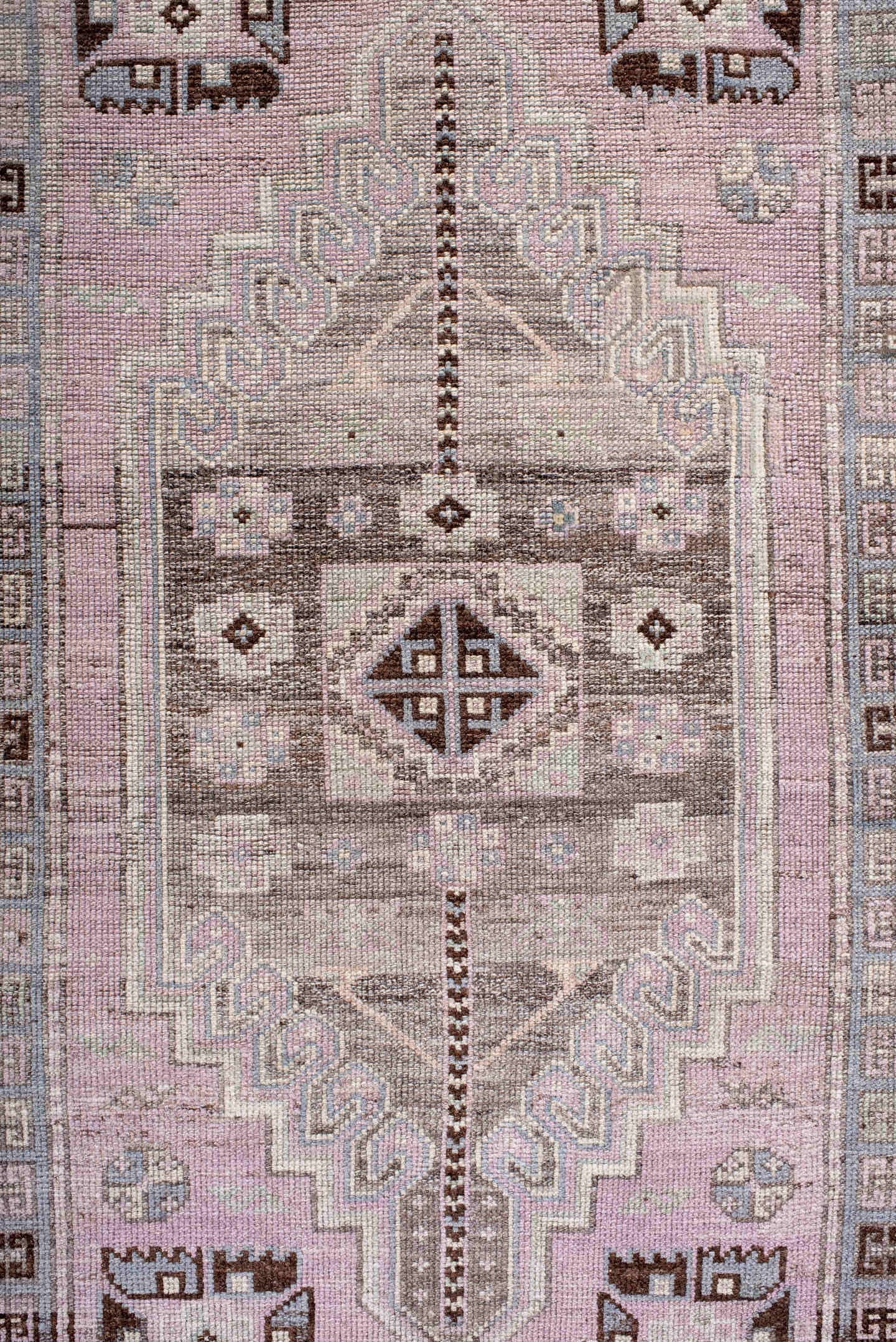 3' x 11' one-of-a-kind handmade antique Anatolian runner rug. Color palette: lavender, taupe, ivory, charcoal, dusty rose