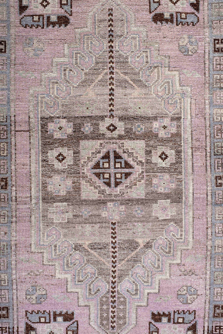 3' x 11' one-of-a-kind handmade antique Anatolian runner rug. Color palette: lavender, taupe, ivory, charcoal, dusty rose