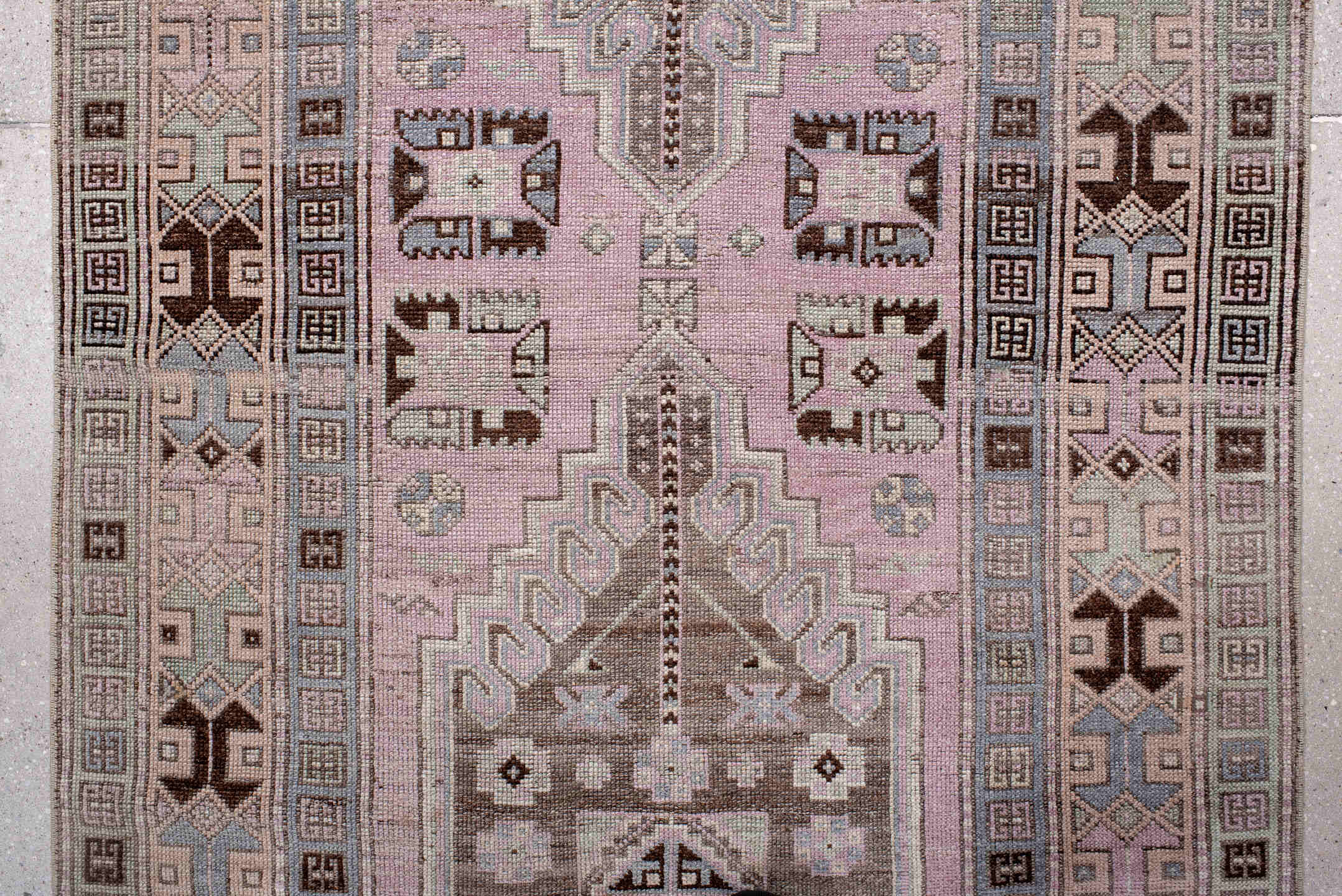 3' x 11' one-of-a-kind handmade vintage Anatol runner rug. Color palette: brown, gray, light gray, off-white, pink