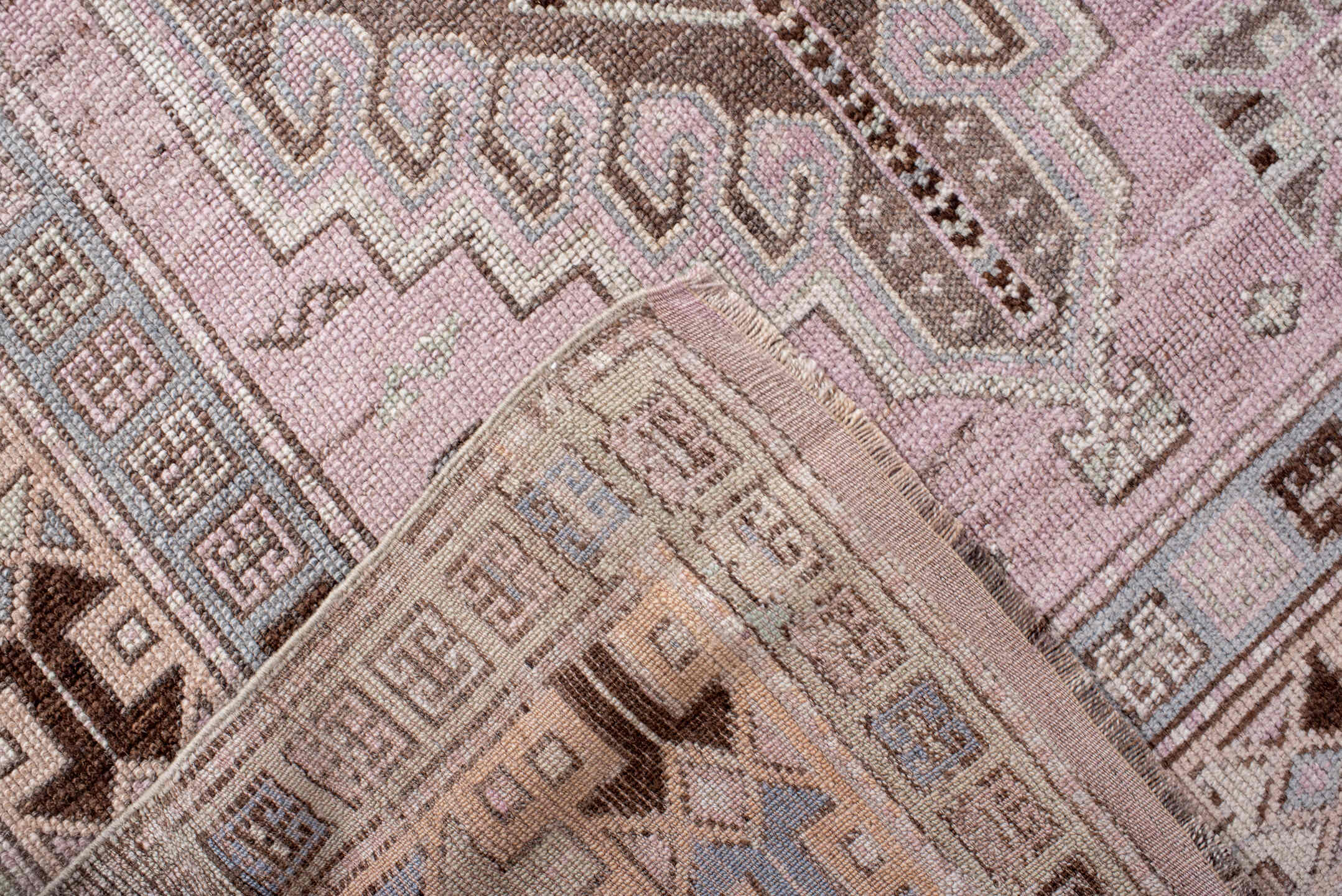 3' x 11' one-of-a-kind handmade vintage Anatol runner rug. Color palette: brown, gray, light gray, off-white, pink