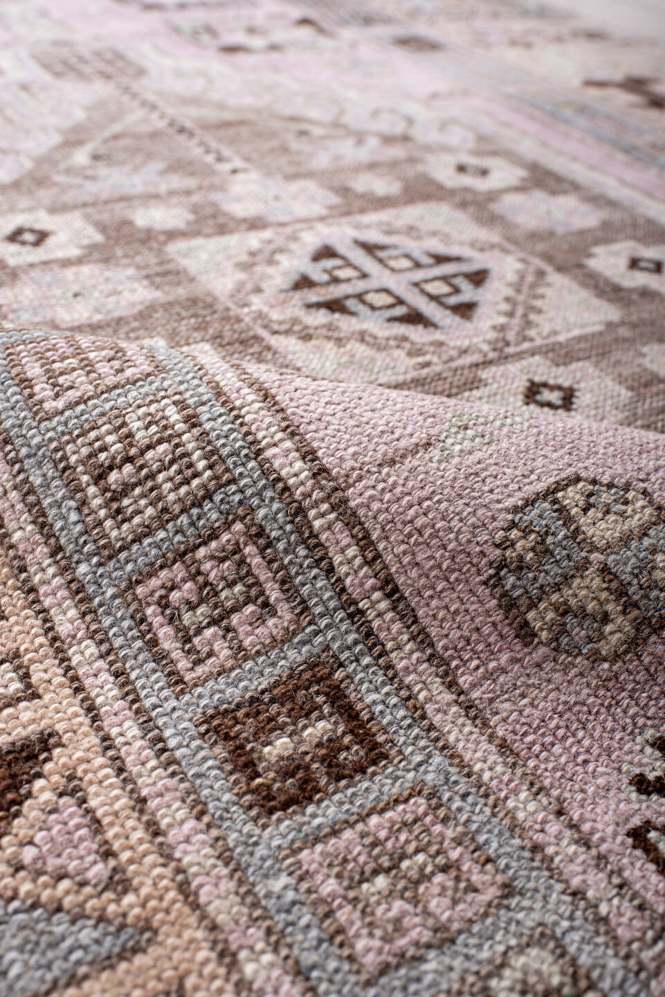 3' x 11' one-of-a-kind handmade antique Anatolian runner rug. Color palette: lavender, taupe, ivory, charcoal, dusty rose