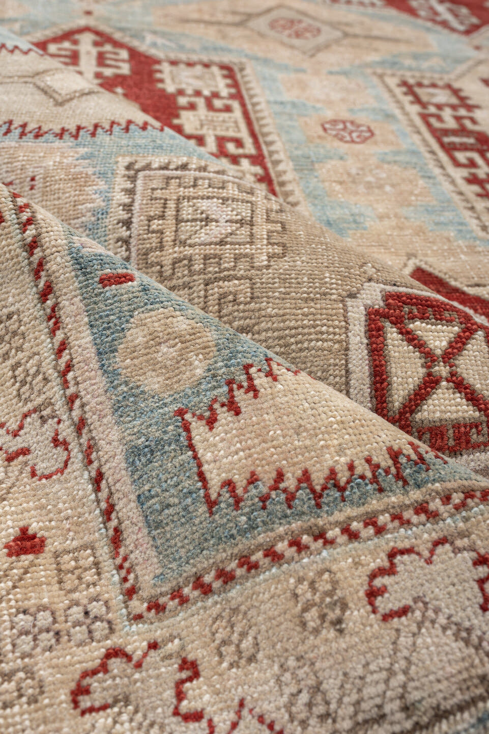 5' x 12' one-of-a-kind handmade vintage NW Persian rug. Color palette: ivory, sky blue, taupe, rust, beige, light blue, gray
