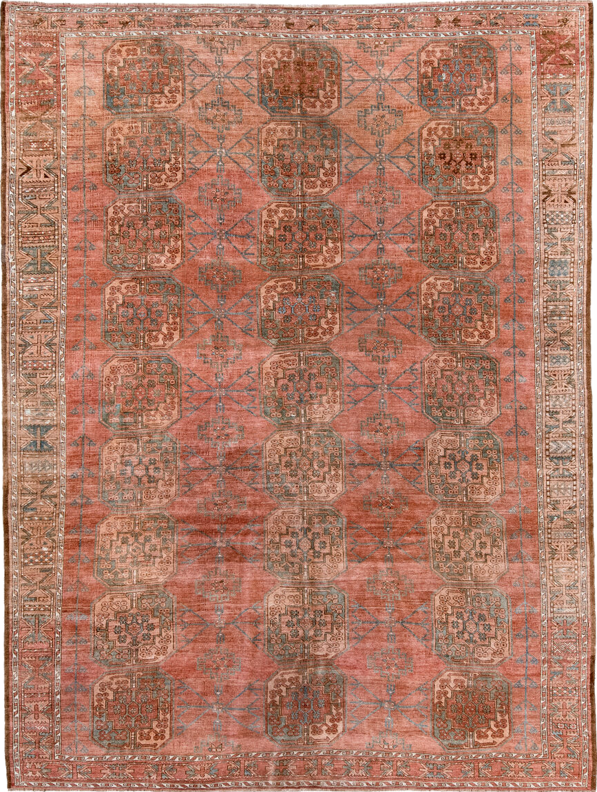 8' x 11' one-of-a-kind handmade vintage Afghan large size rug. Color palette: brown, gray, off-white, orange, pink